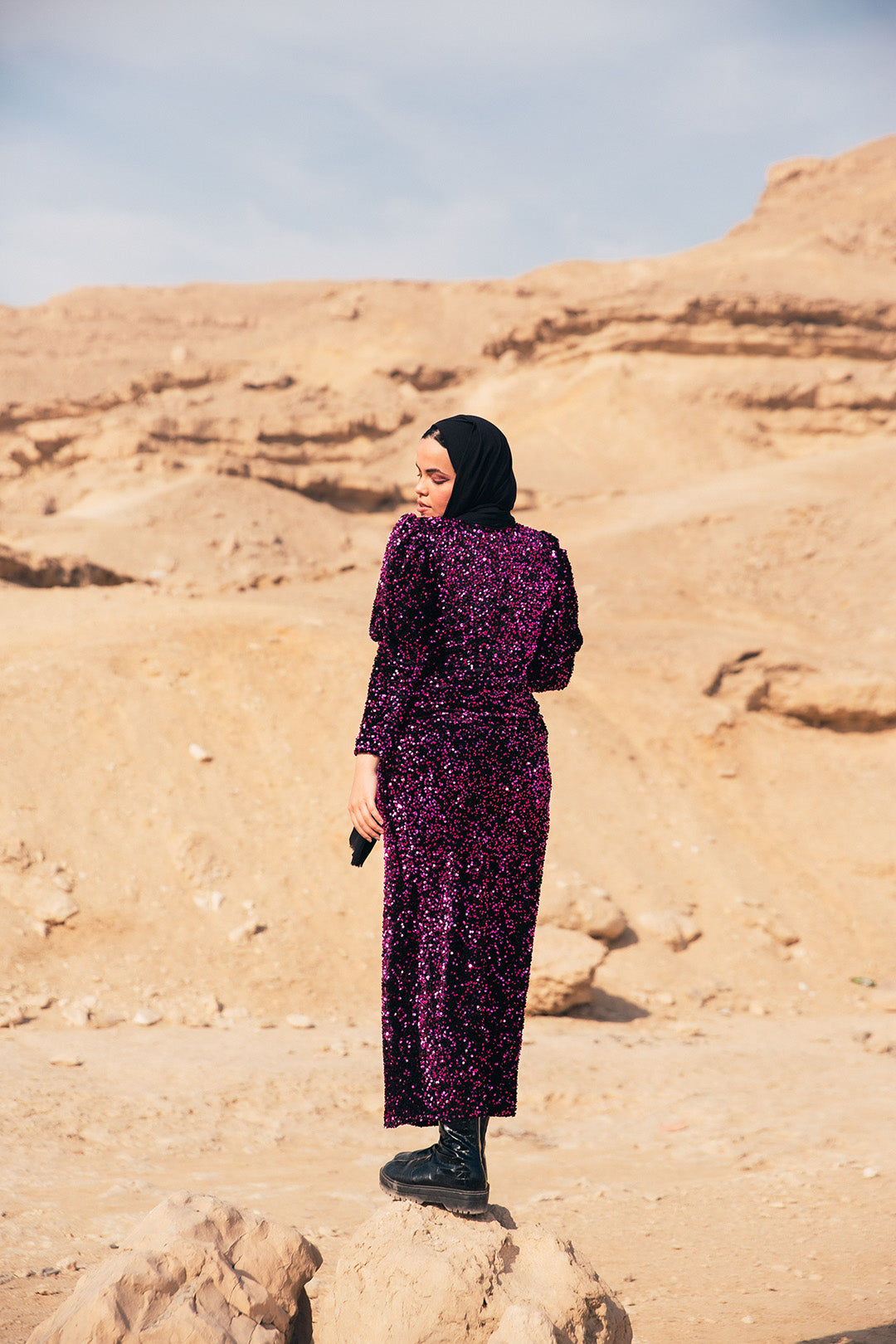 Velvet Sequin Puff Sleeve Dress - Fuchsia
