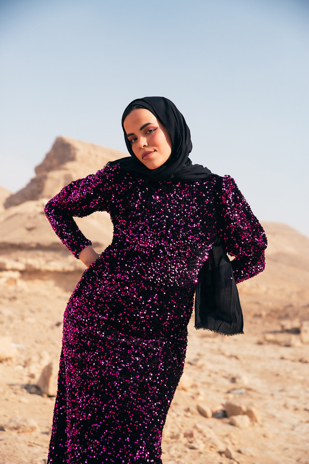Velvet Sequin Puff Sleeve Dress - Fuchsia