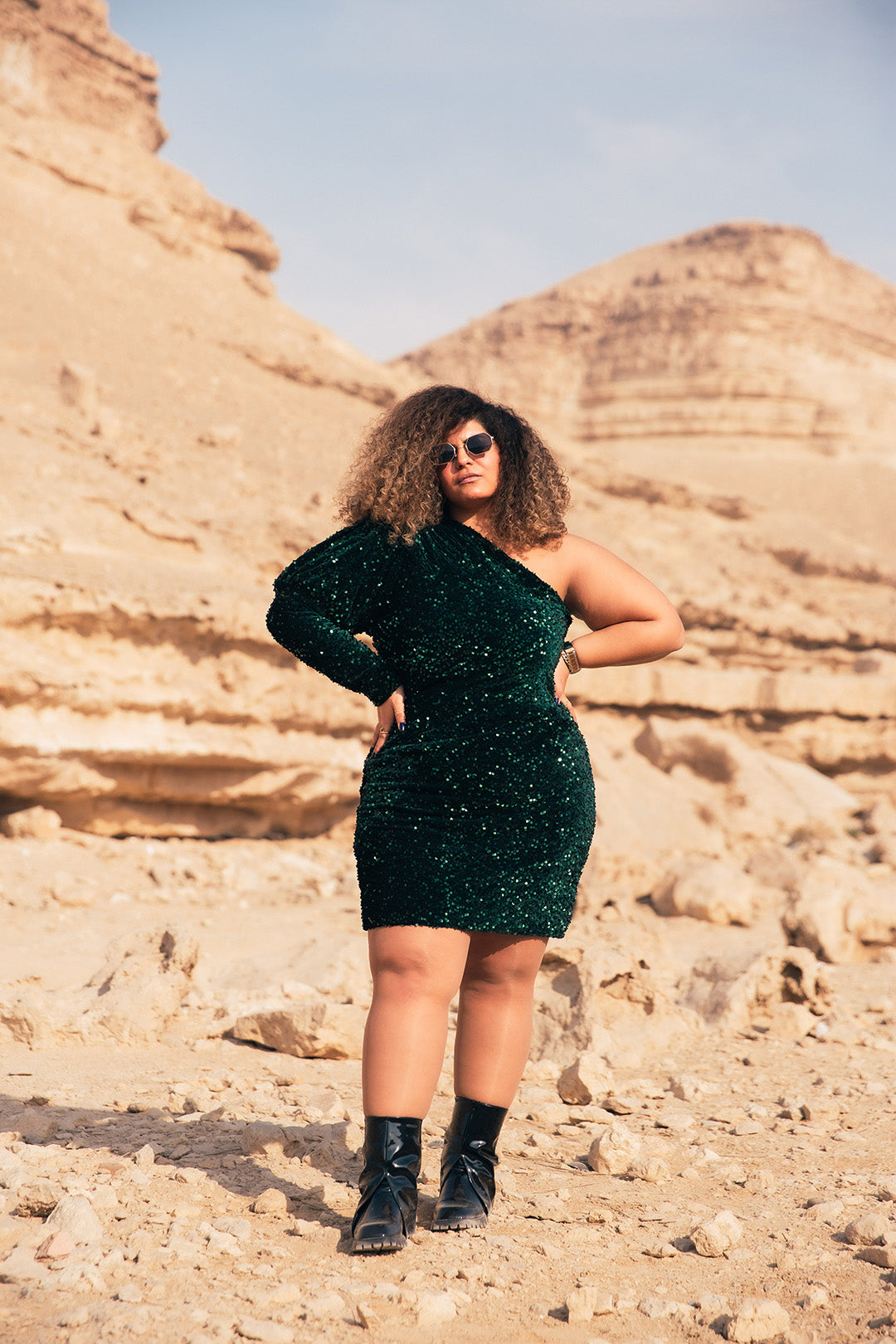 Velvet Sequin Puff Sleeve Dress - Emerald Green