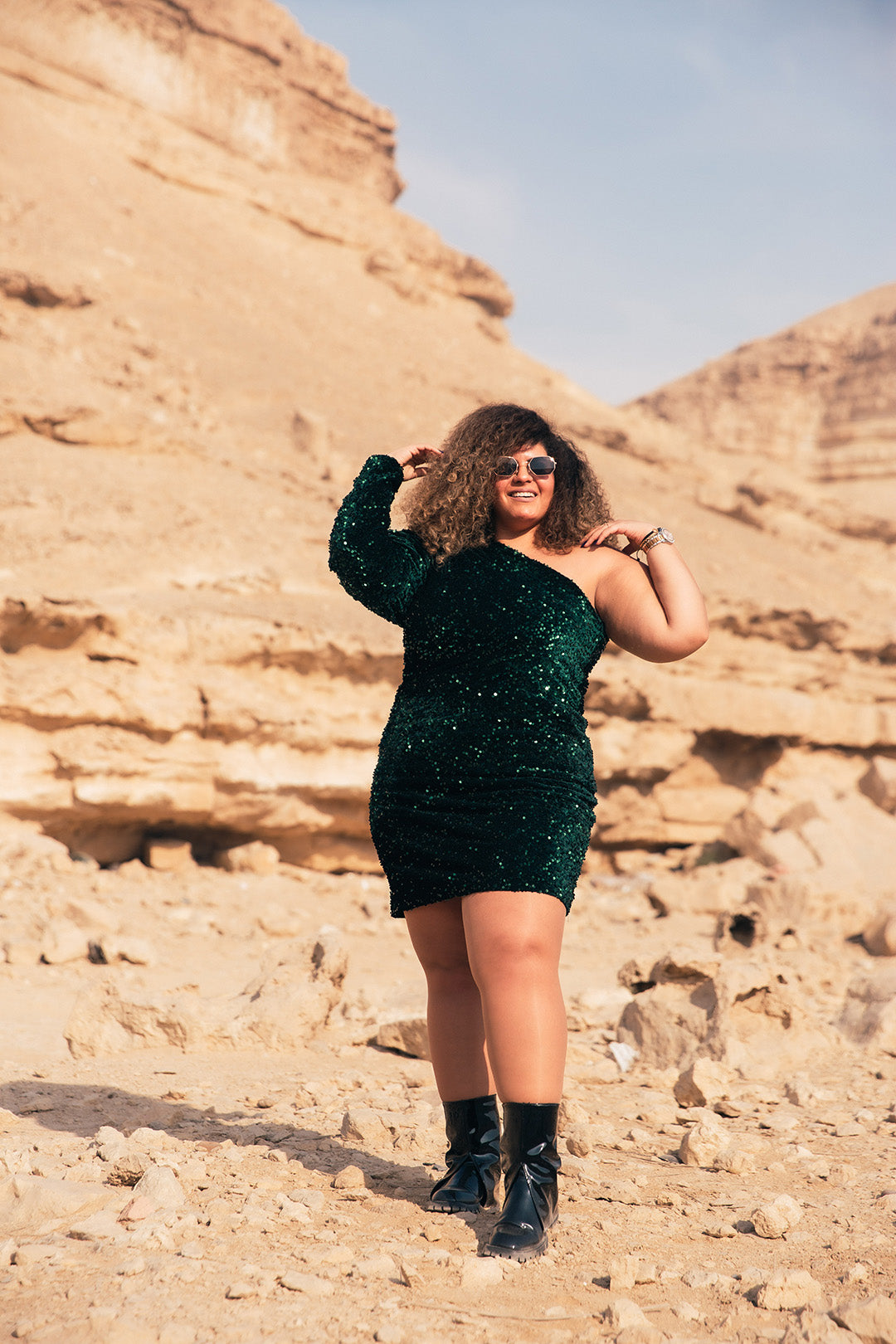 Velvet Sequin Puff Sleeve Dress - Emerald Green