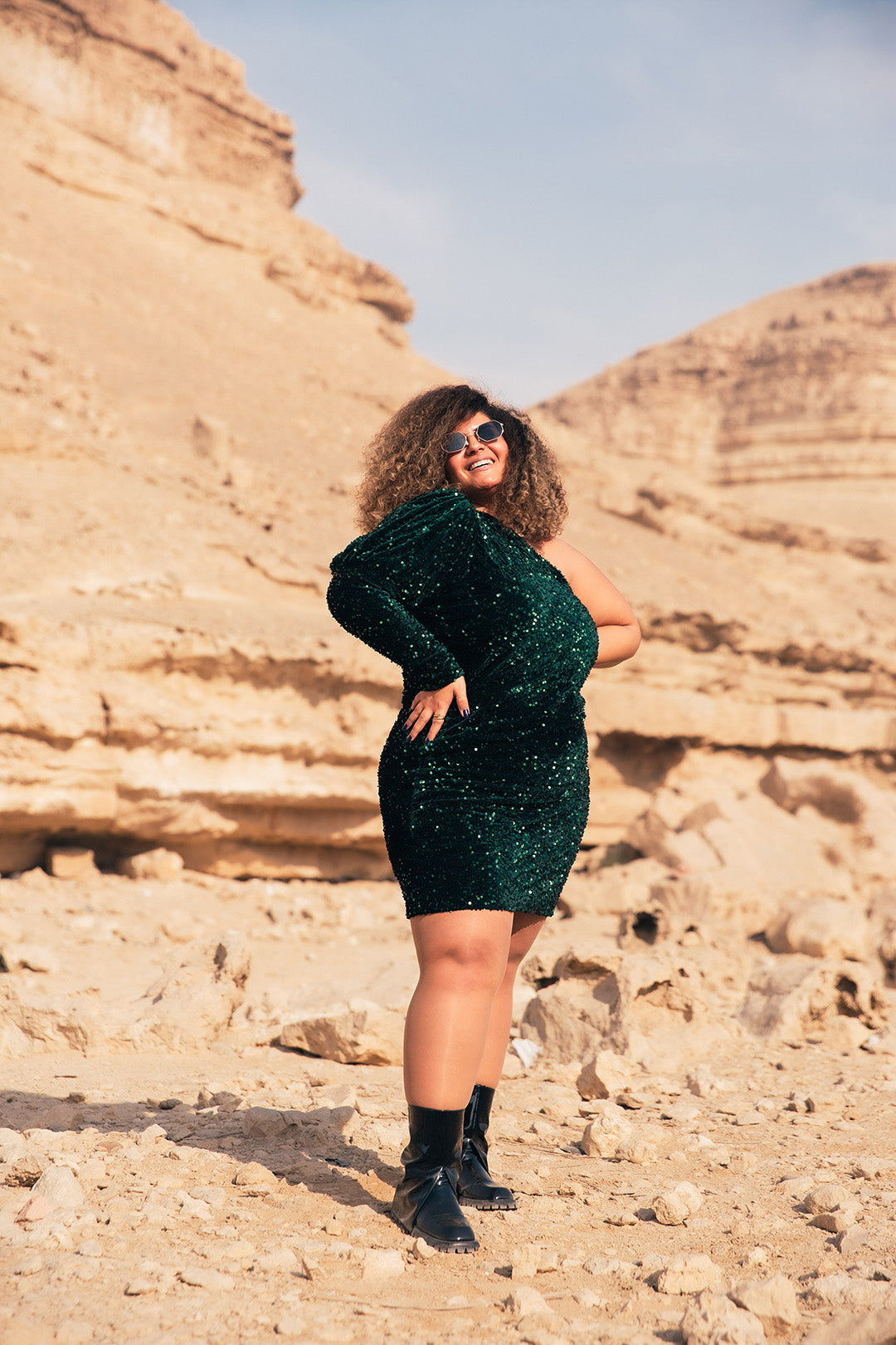 Velvet Sequin Puff Sleeve Dress - Emerald Green