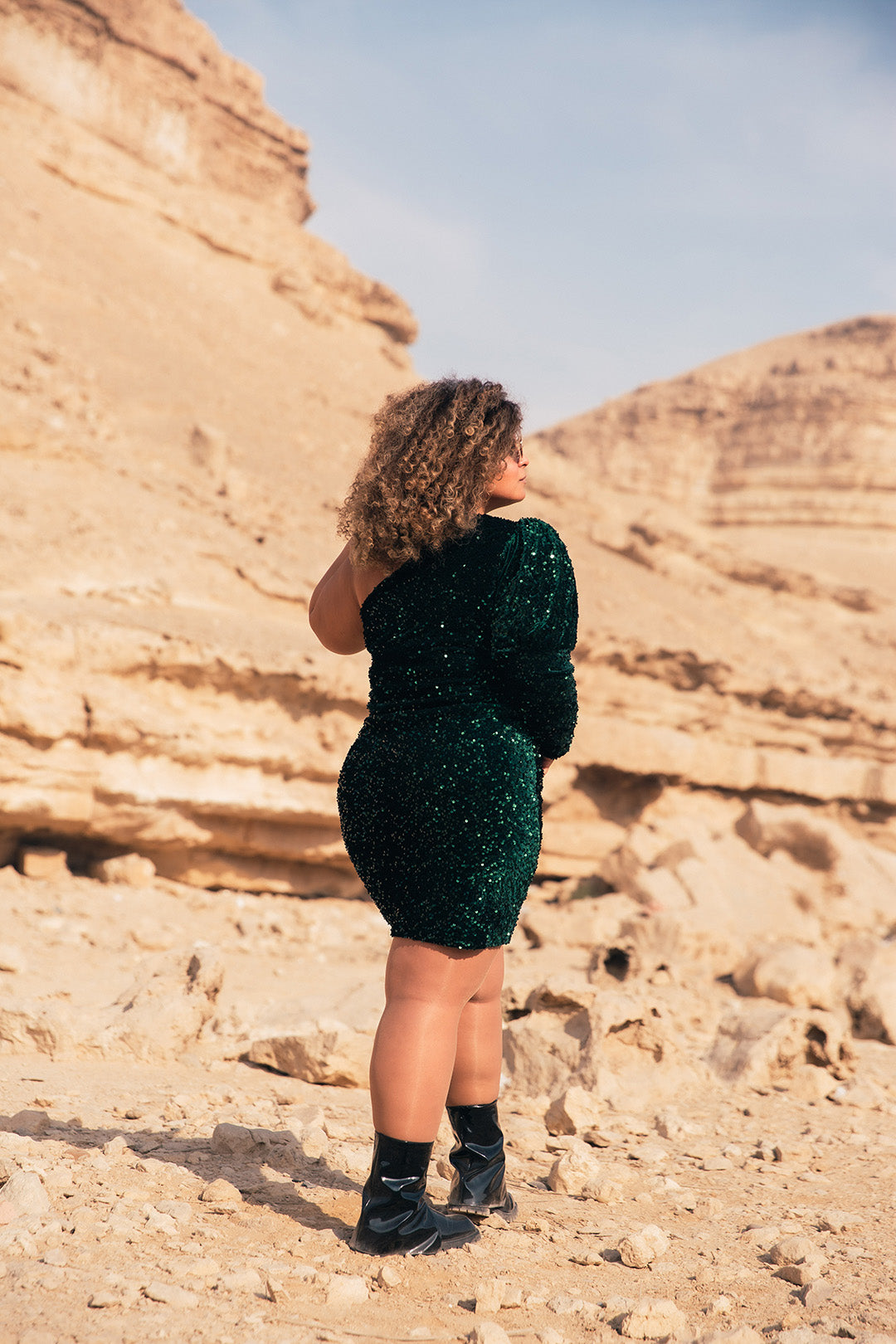 Velvet Sequin Puff Sleeve Dress - Emerald Green