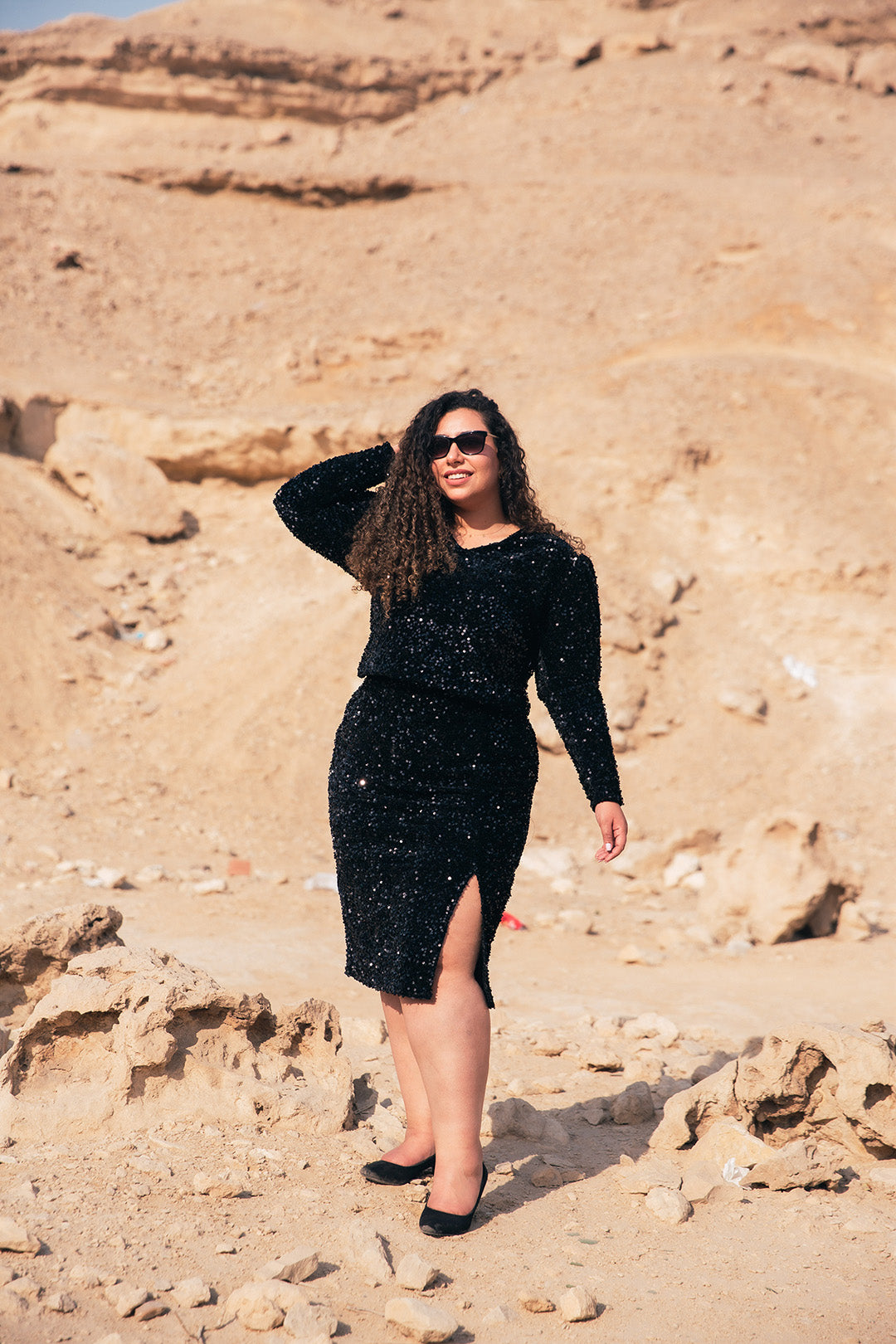 2 piece Velvet Sequin Puff Sleeve Dress - Black