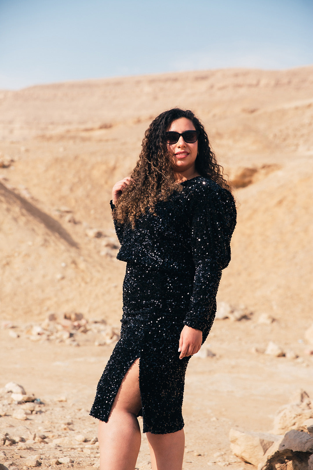 2 piece Velvet Sequin Puff Sleeve Dress - Black