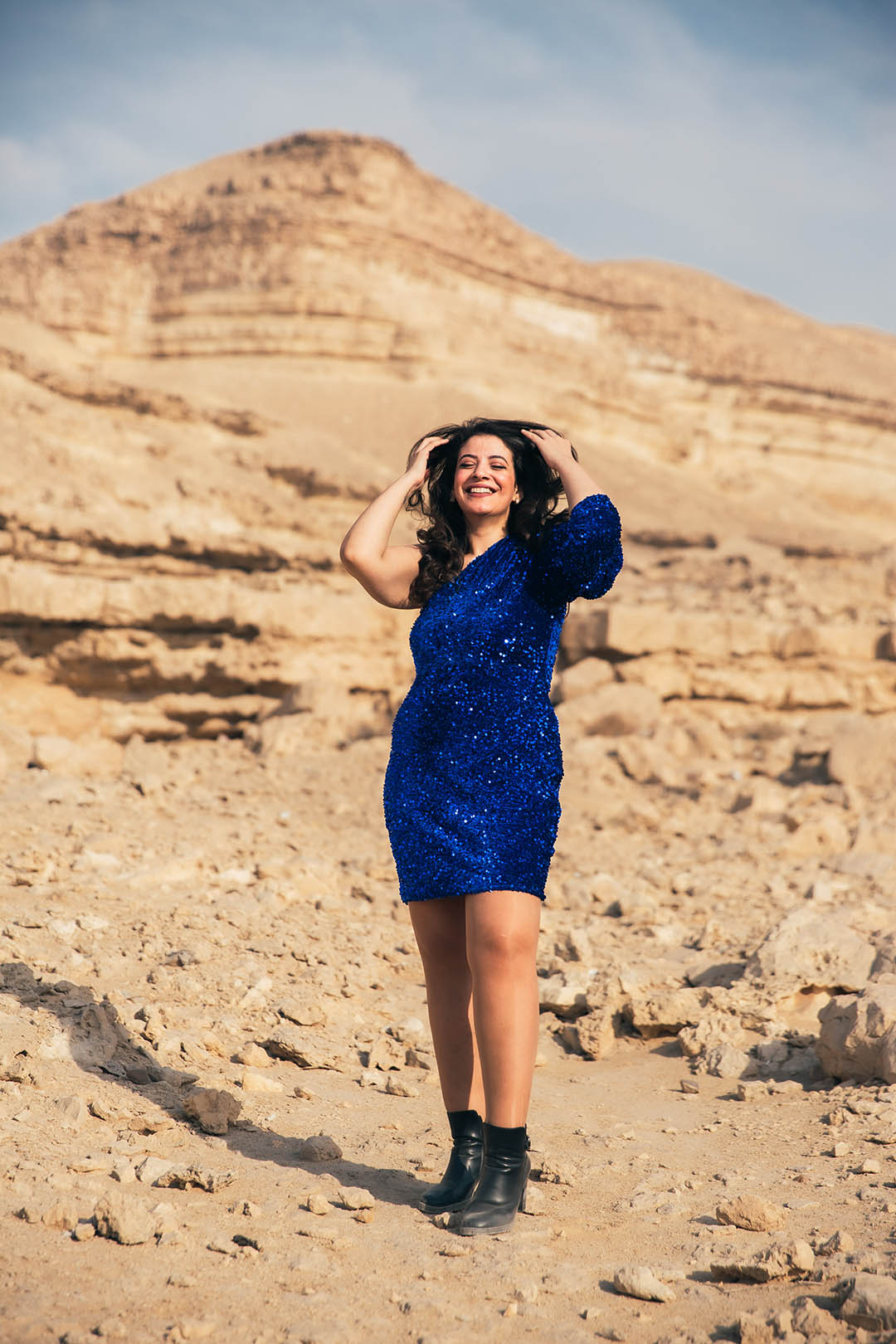 Velvet Sequin Puff Sleeve Dress - Blue
