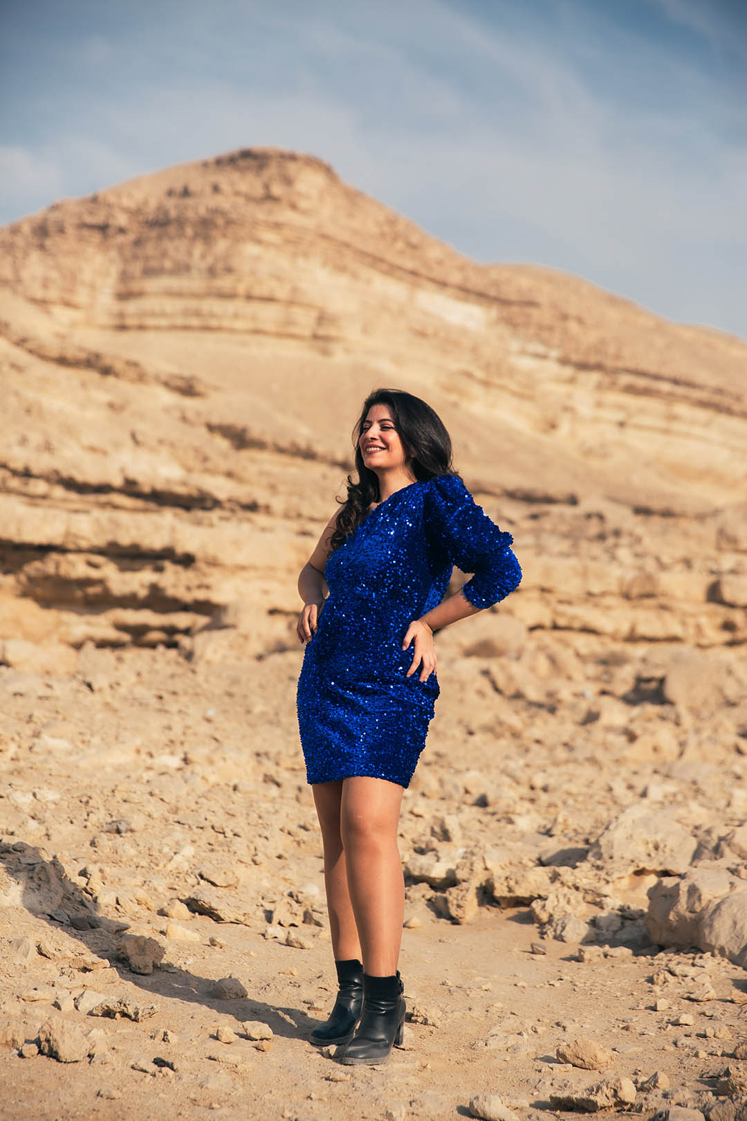 Velvet Sequin Puff Sleeve Dress - Blue