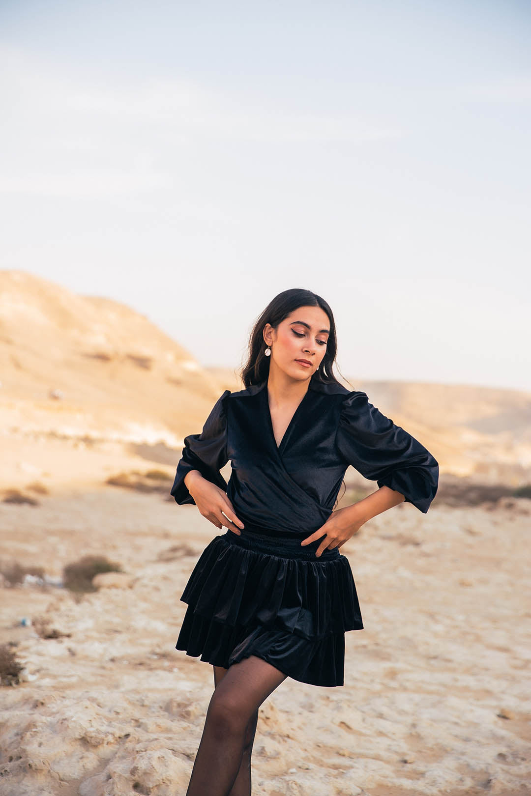 Disco 2 piece Velvet ruffled Dress - Black