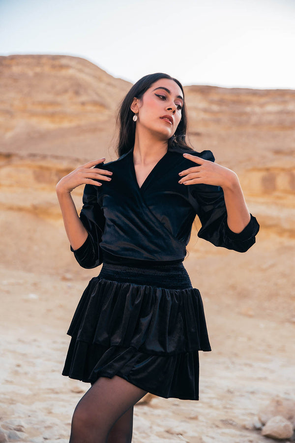 Disco 2 piece Velvet ruffled Dress - Black