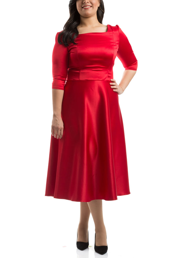 Flared Mid Calf Dress - Red