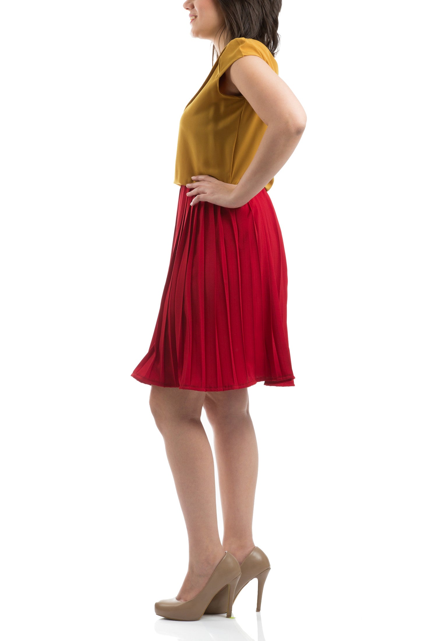 Accordion Pleated Dress - Red & Mustard