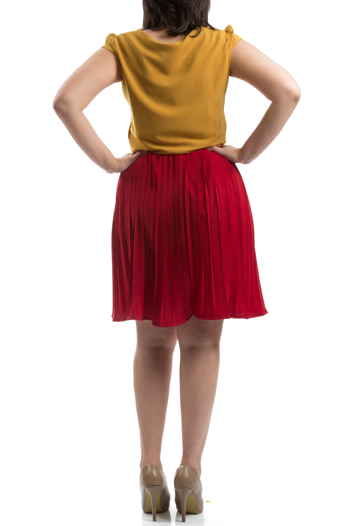 Accordion Pleated Dress - Red & Mustard