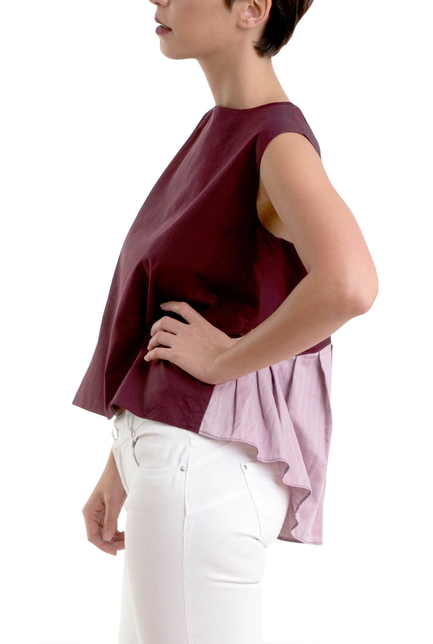 Asymmetric Box Pleated Blouse - Maroon