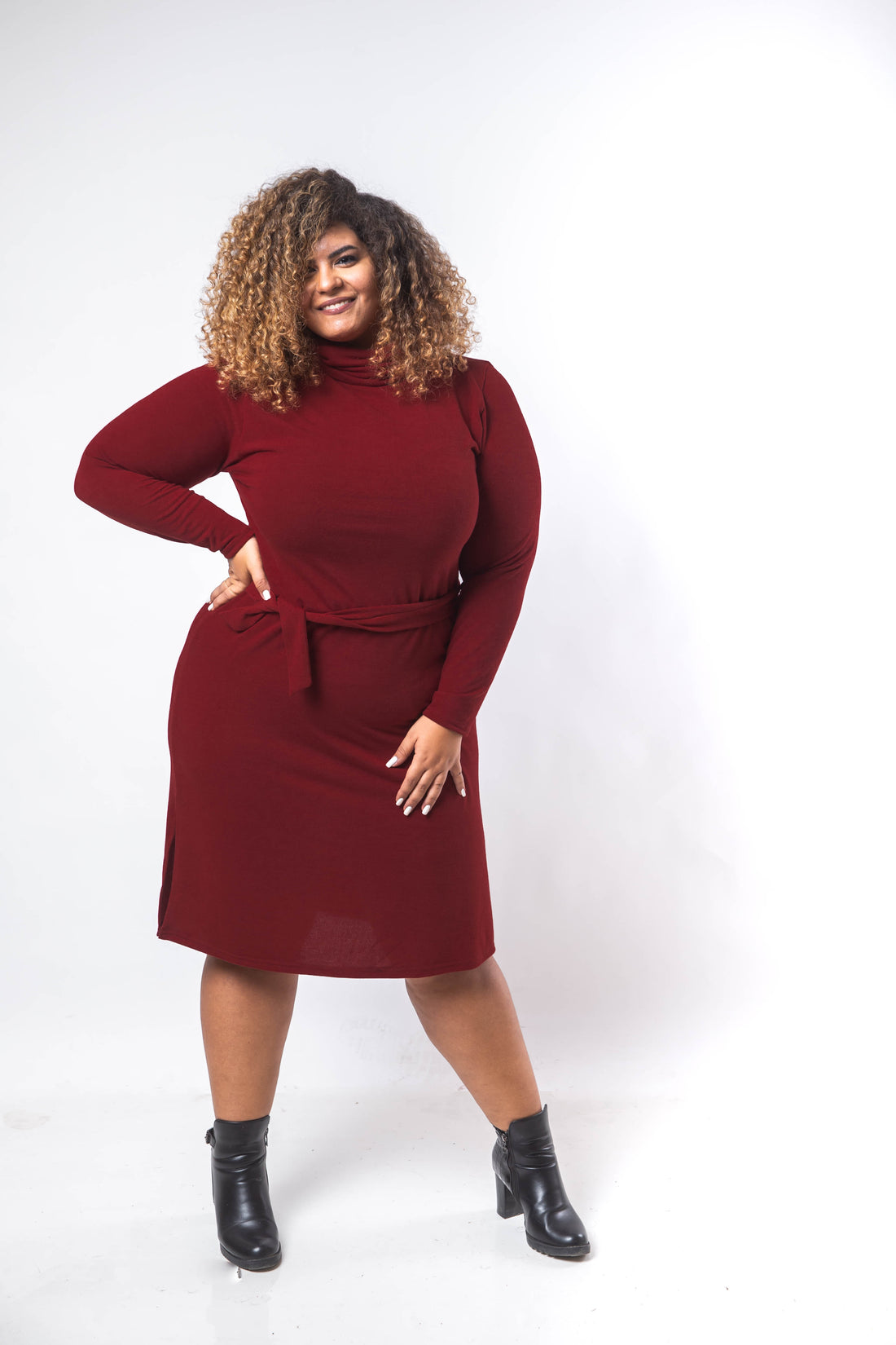 Basic Midi Turtle Dress - Maroon