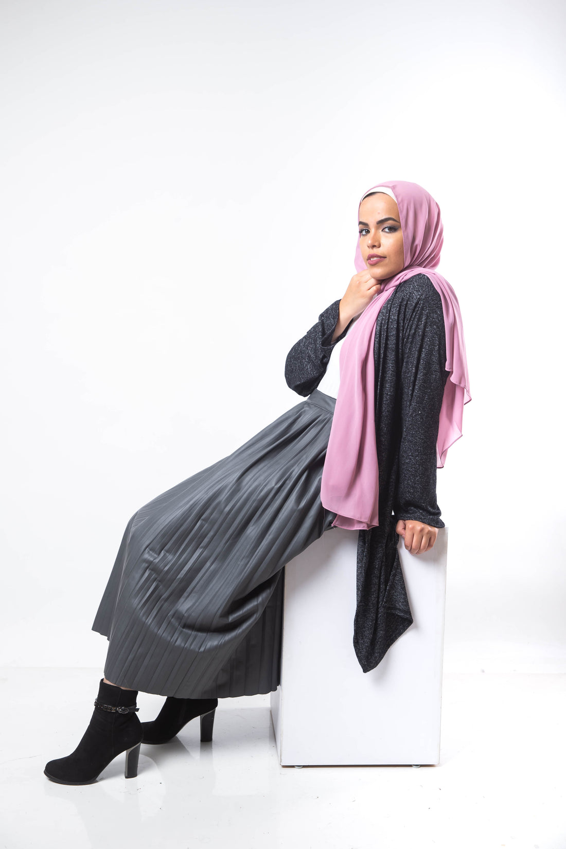 Lether Pleats Skirt - Grey