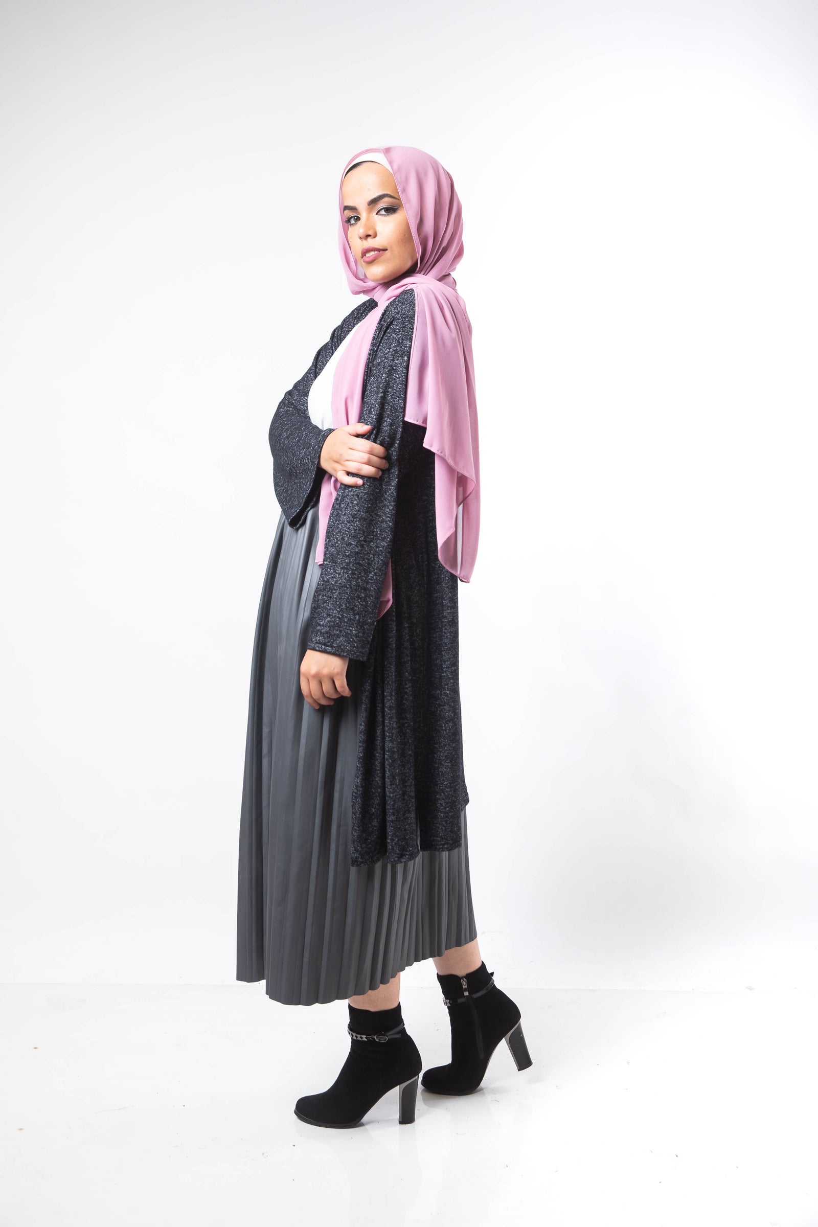 Lether Pleats Skirt - Grey