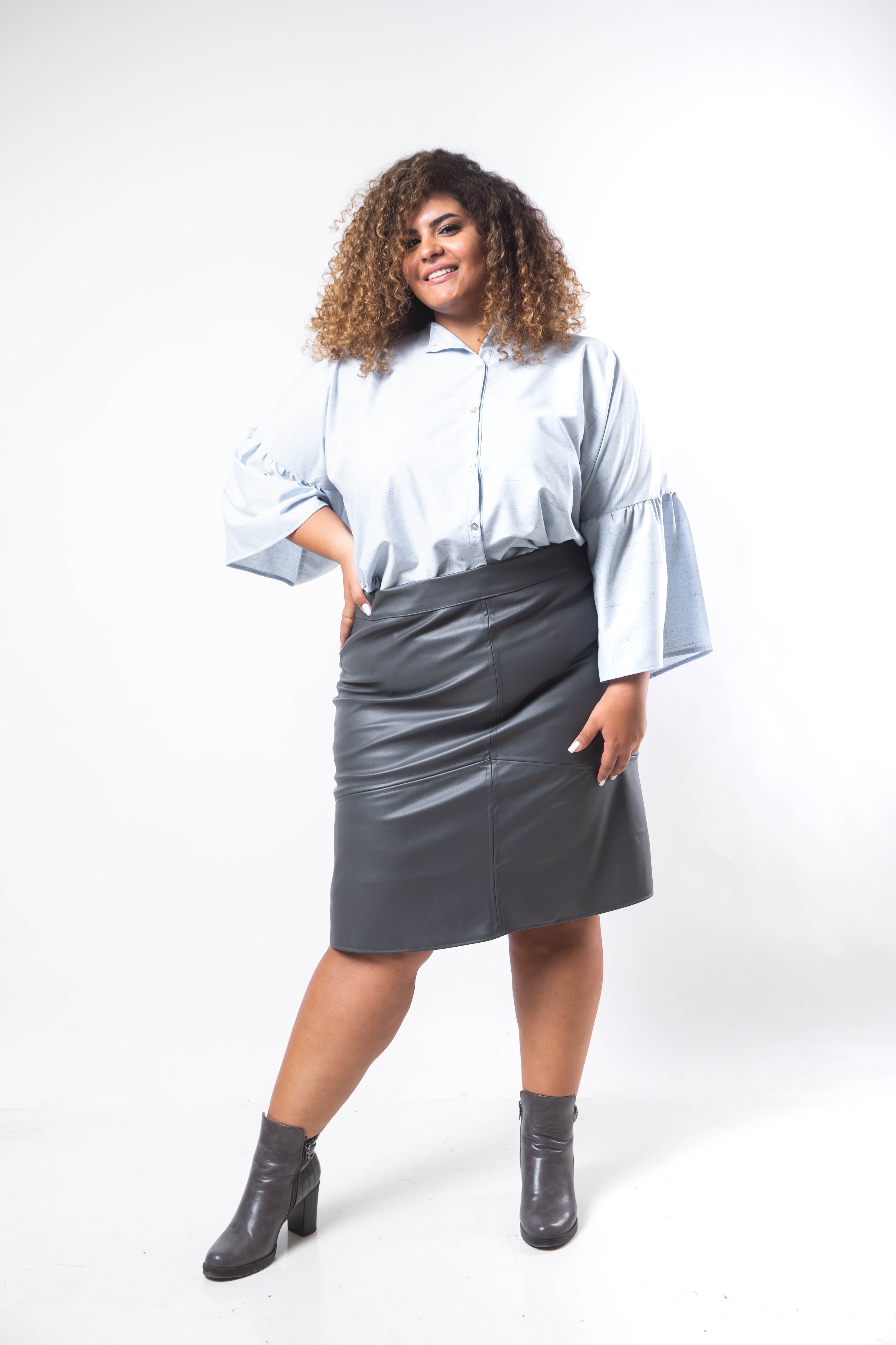 A-Line Knee Leather Skirt - Grey