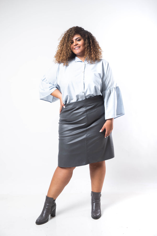 A-Line Knee Leather Skirt - Grey