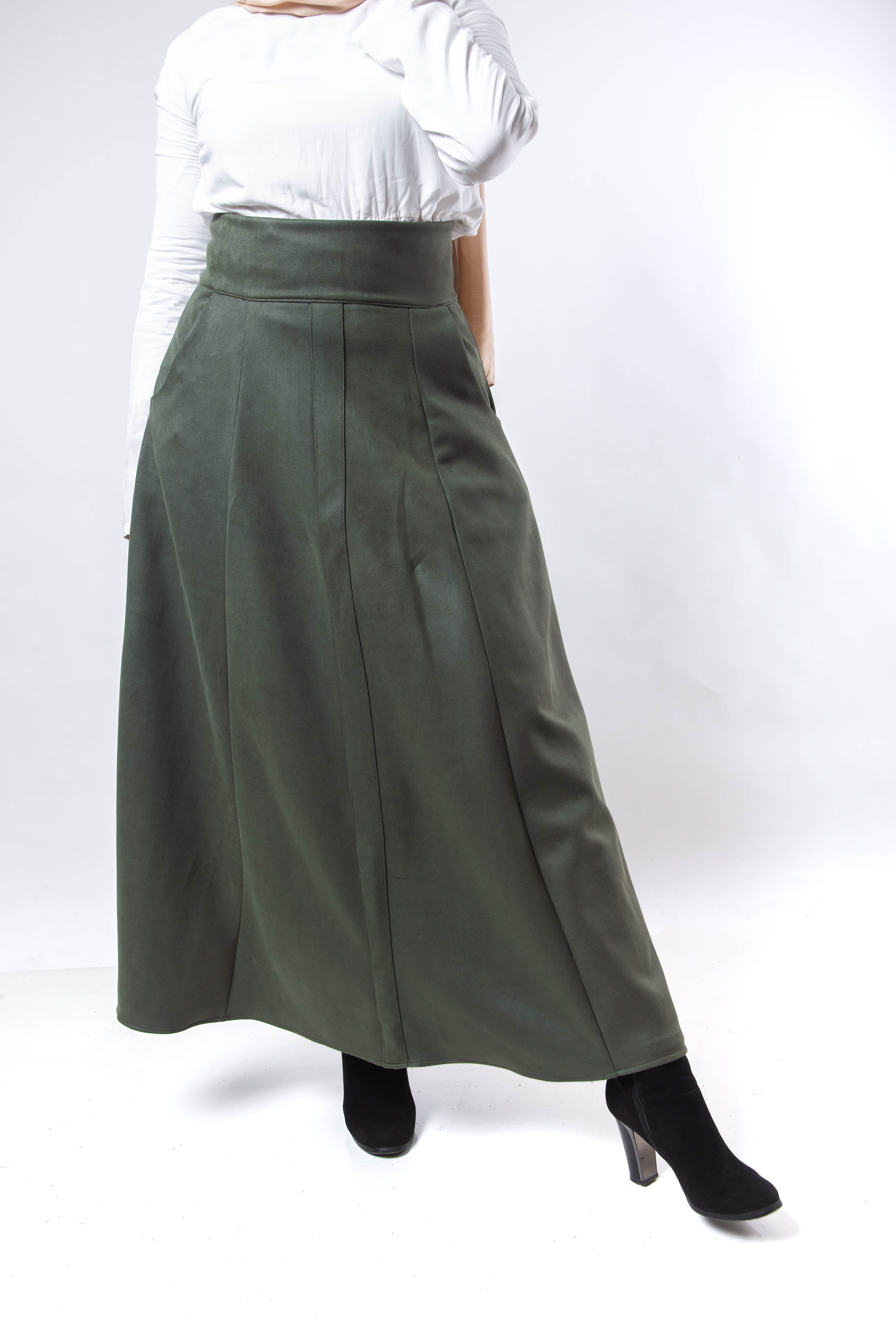 High Waist Suede Skirt - Olive