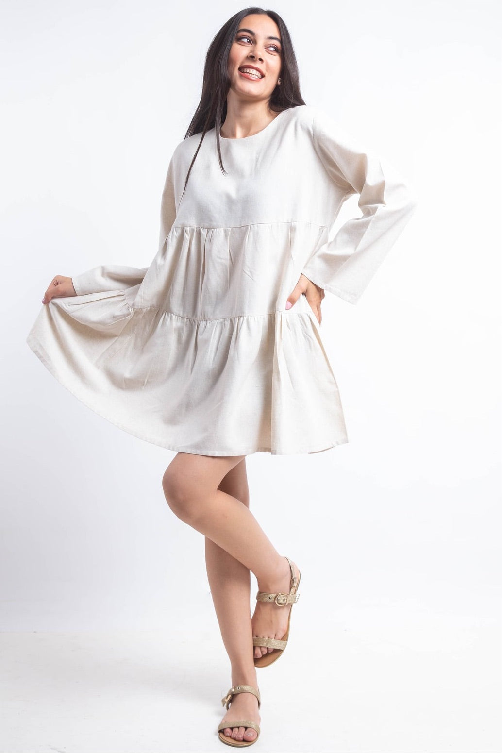 The Layered Linen Dress - Beige
