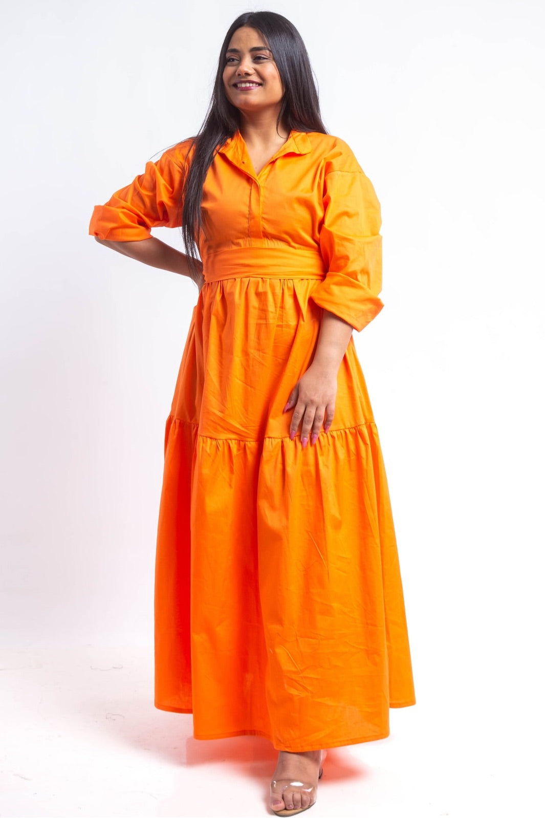 Tiered Poplin Maxi Dress - Orange