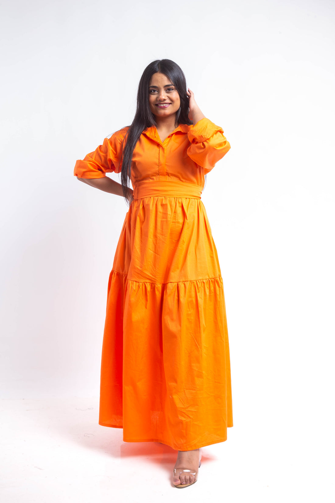 Tiered Poplin Maxi Dress - Orange