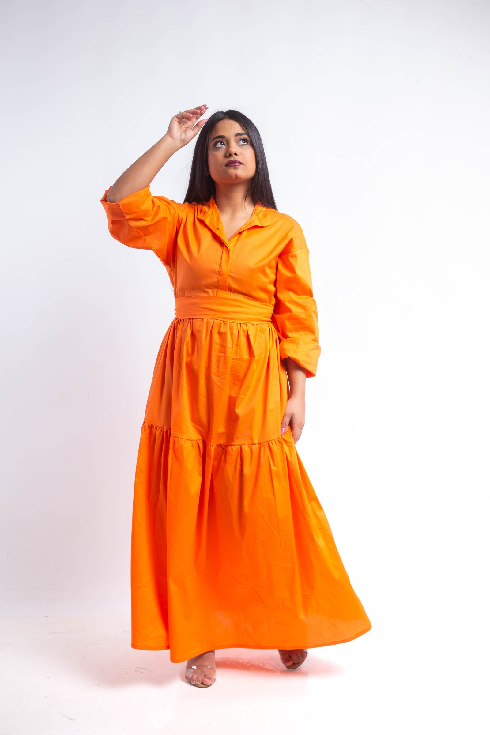 Tiered Poplin Maxi Dress - Orange