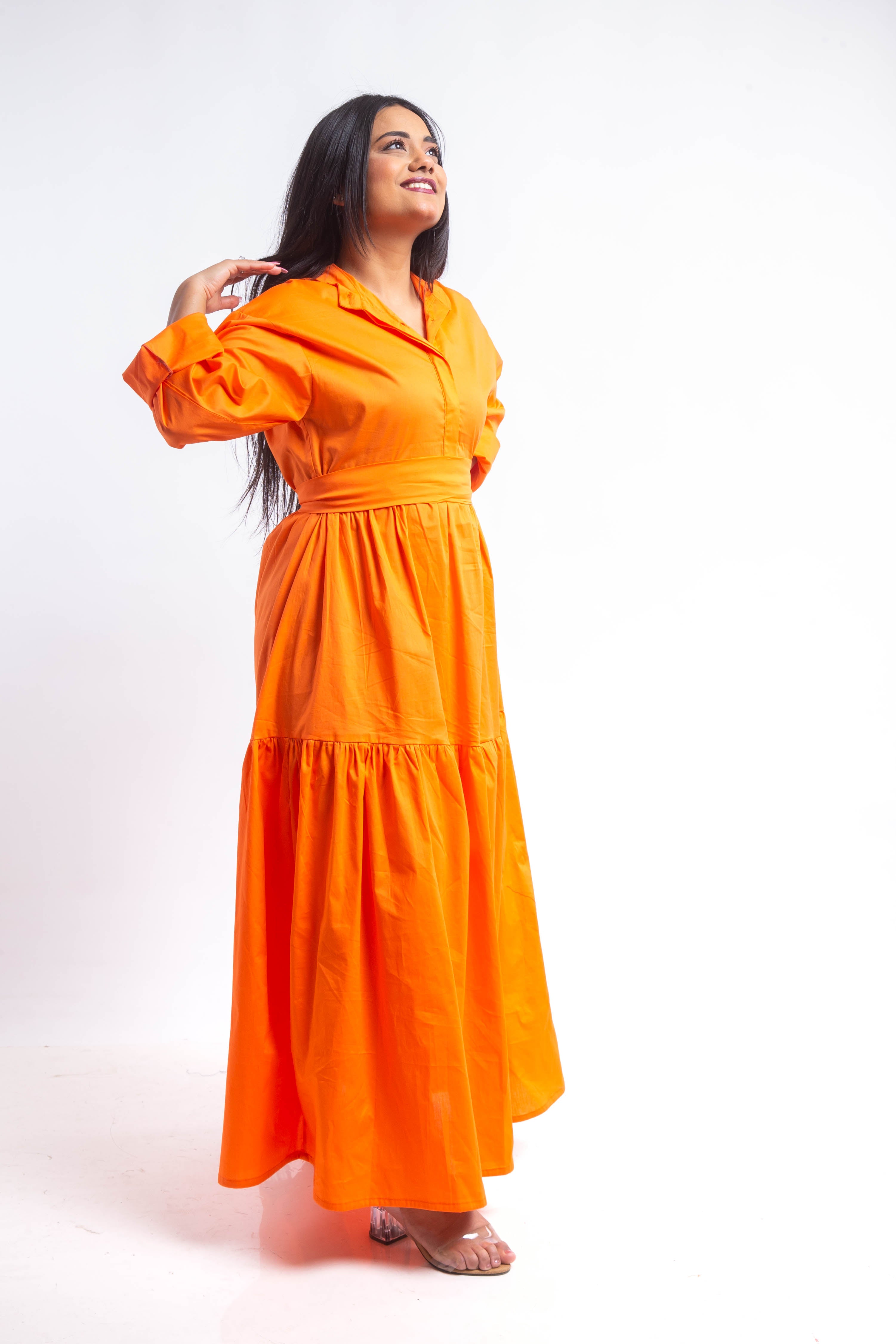 Tiered Poplin Maxi Dress - Orange