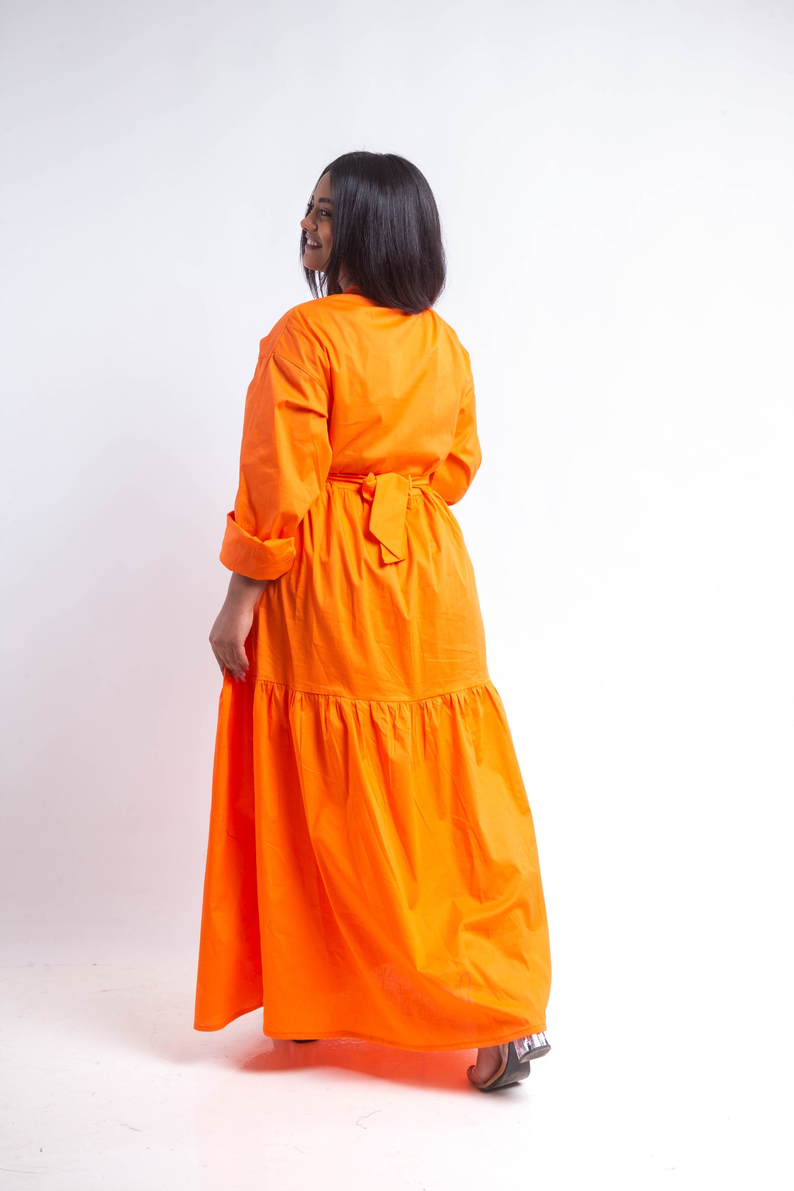 Tiered Poplin Maxi Dress - Orange