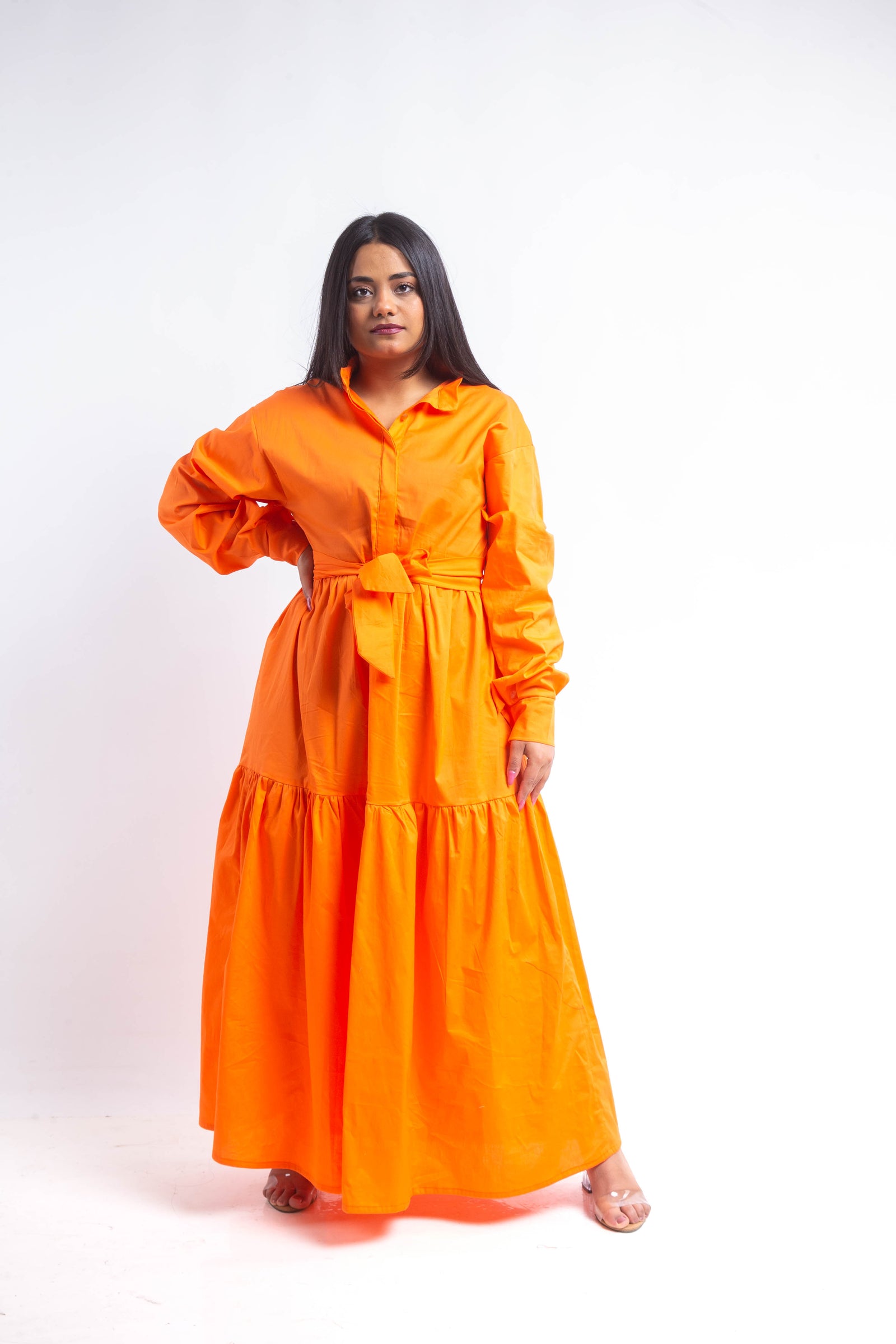 Tiered Poplin Maxi Dress - Orange