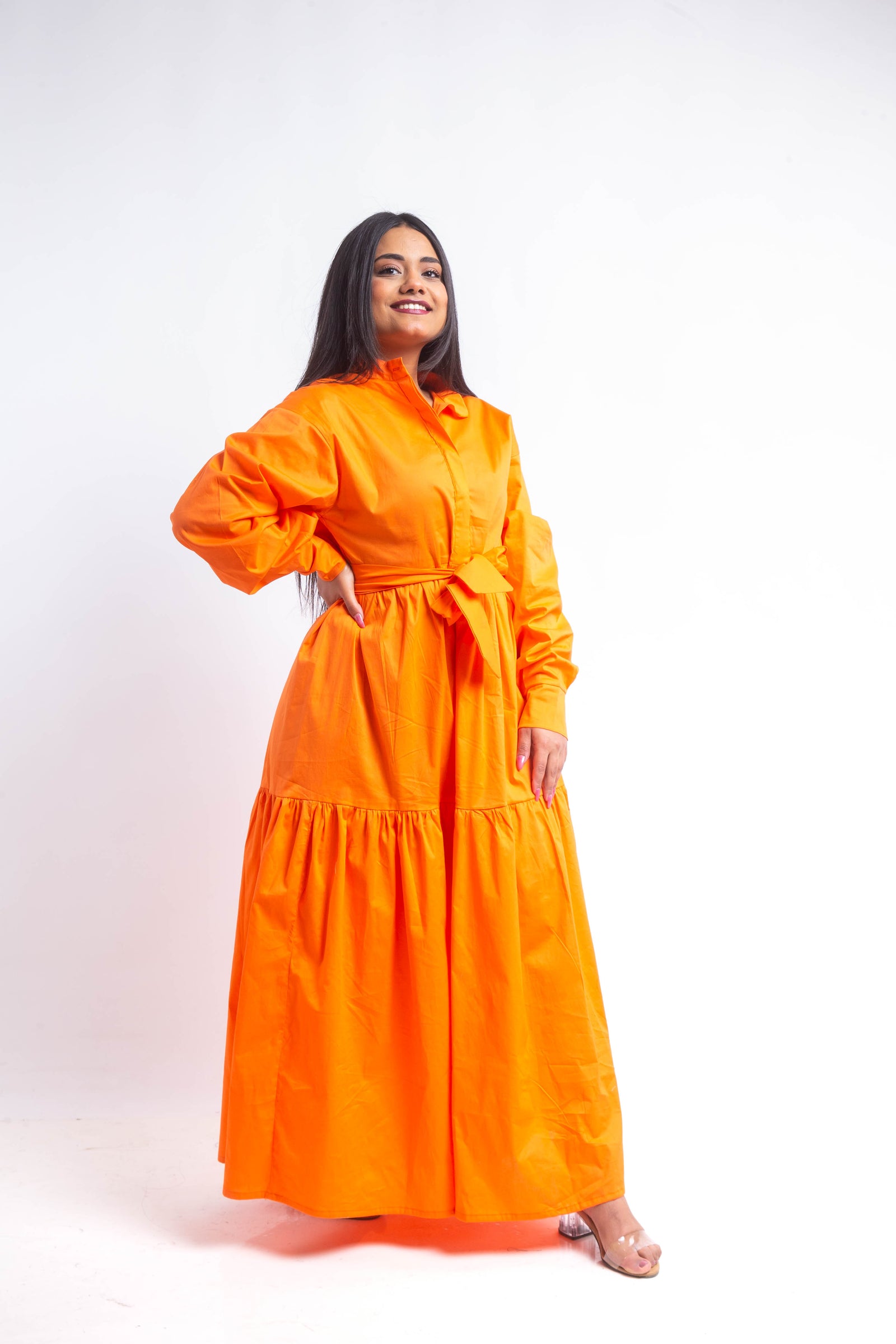 Tiered Poplin Maxi Dress - Orange