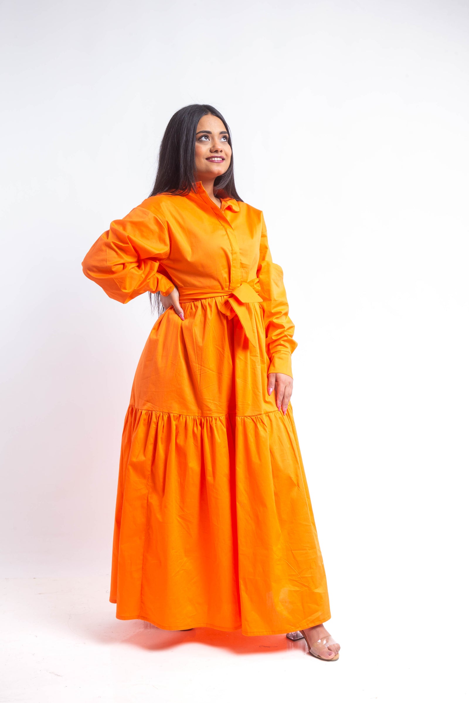 Tiered Poplin Maxi Dress - Orange