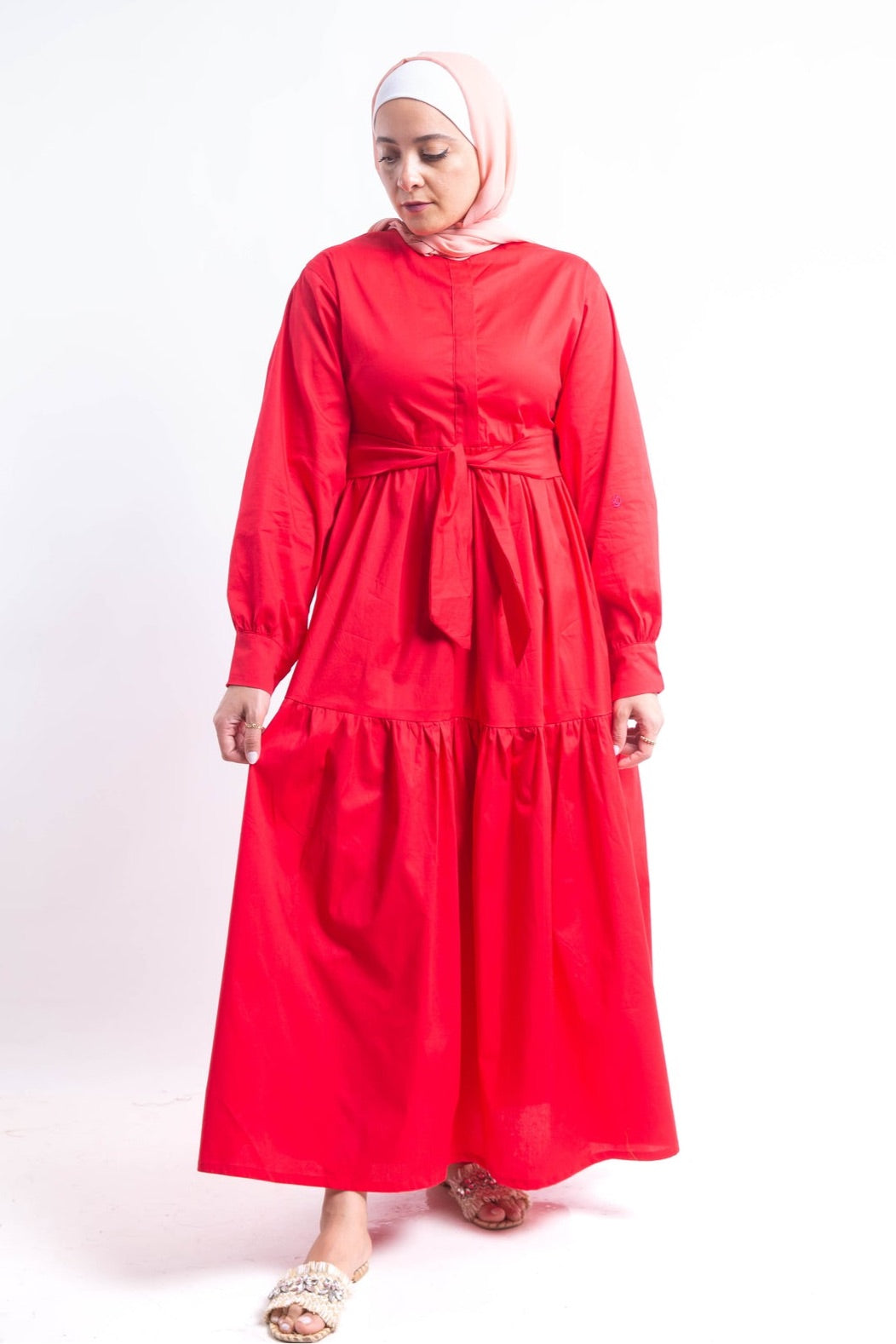 Tiered Poplin Maxi Dress - Red