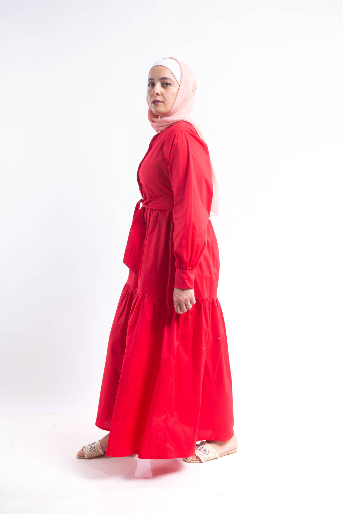 Tiered Poplin Maxi Dress - Red