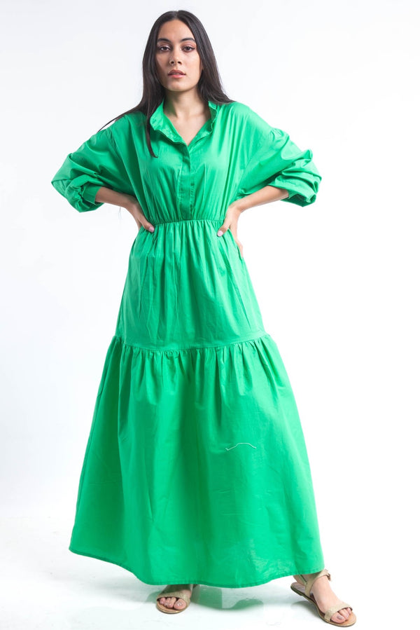 Tiered Poplin Maxi Dress - Green