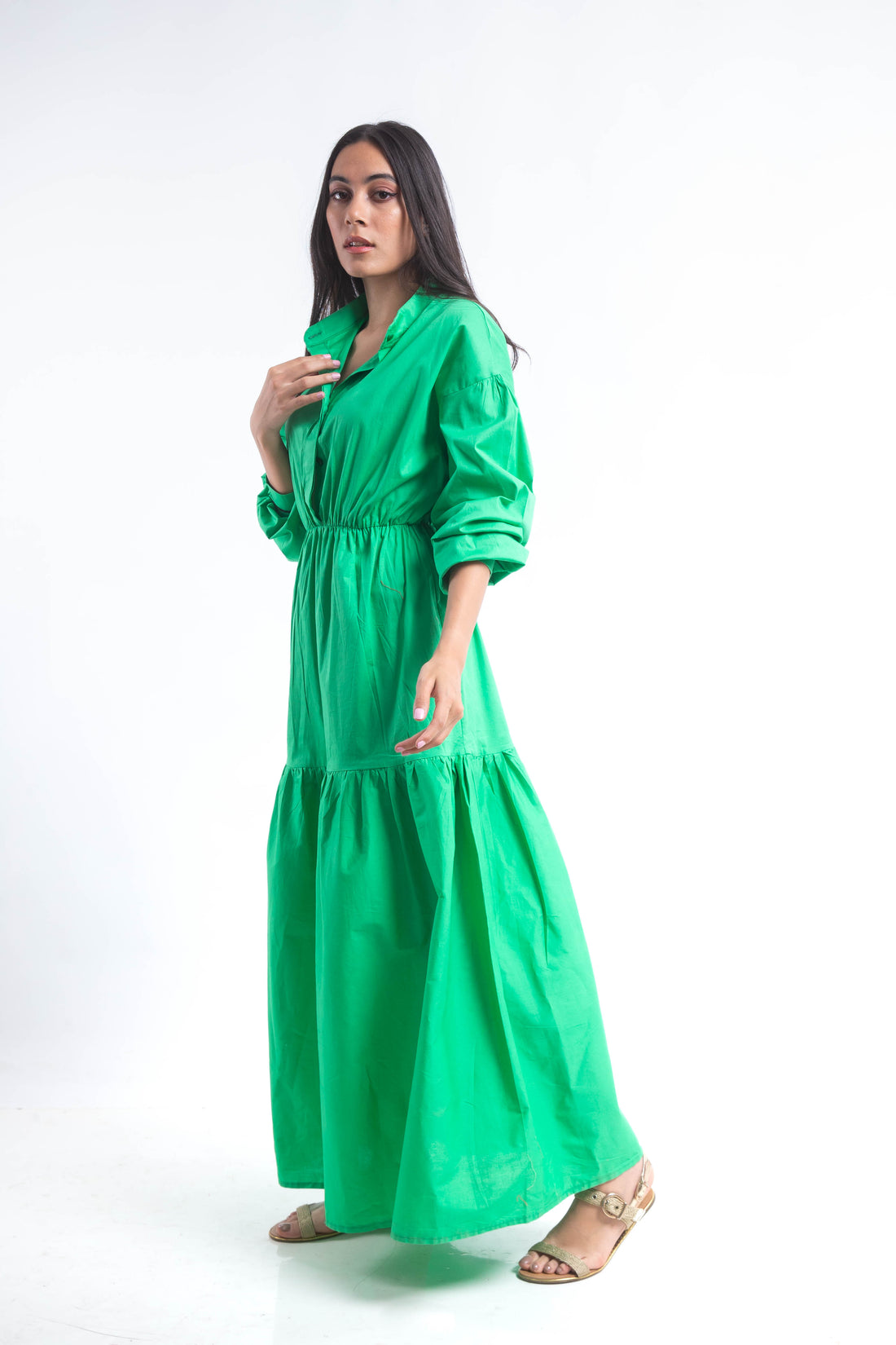 Tiered Poplin Maxi Dress - Green