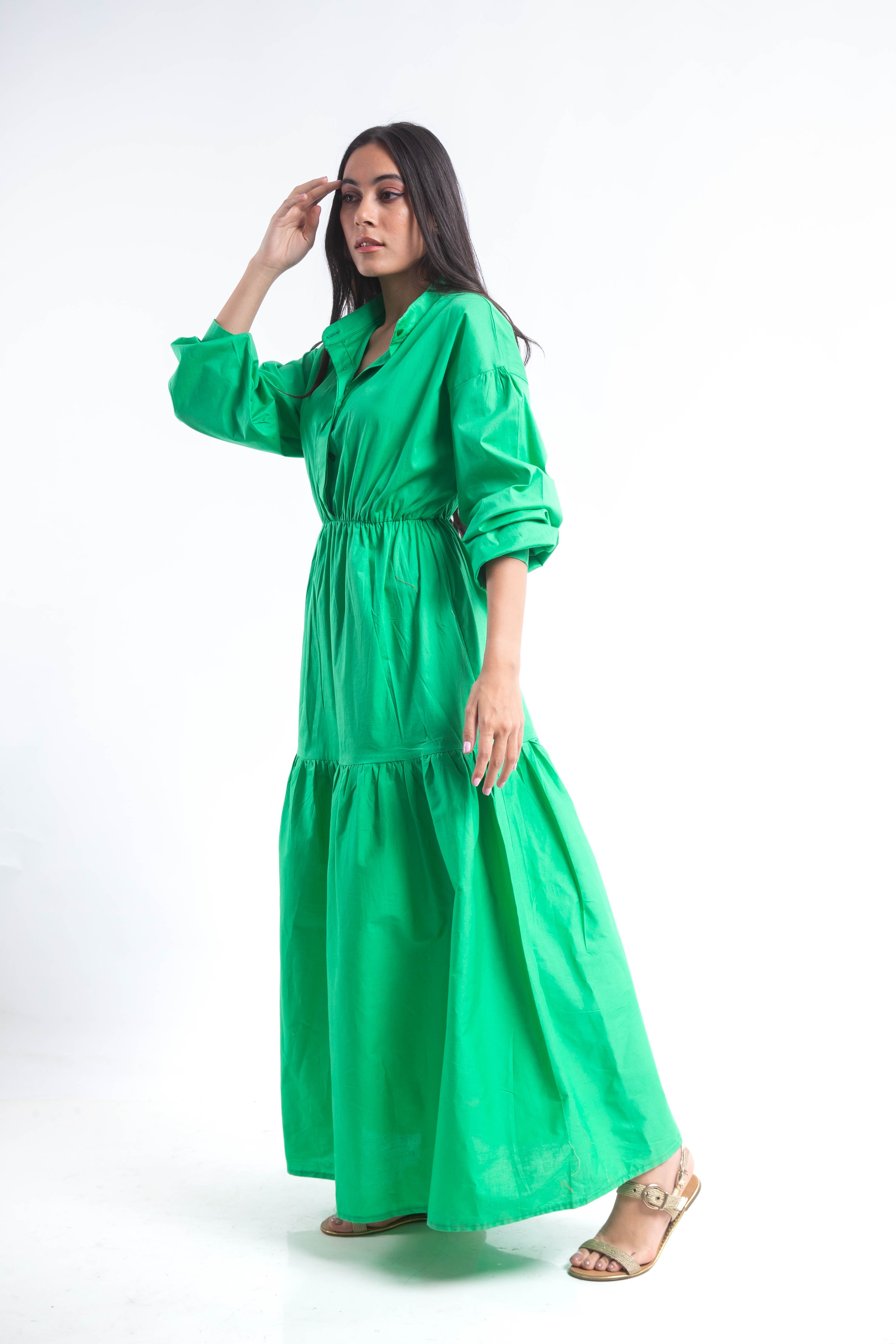 Tiered Poplin Maxi Dress - Green