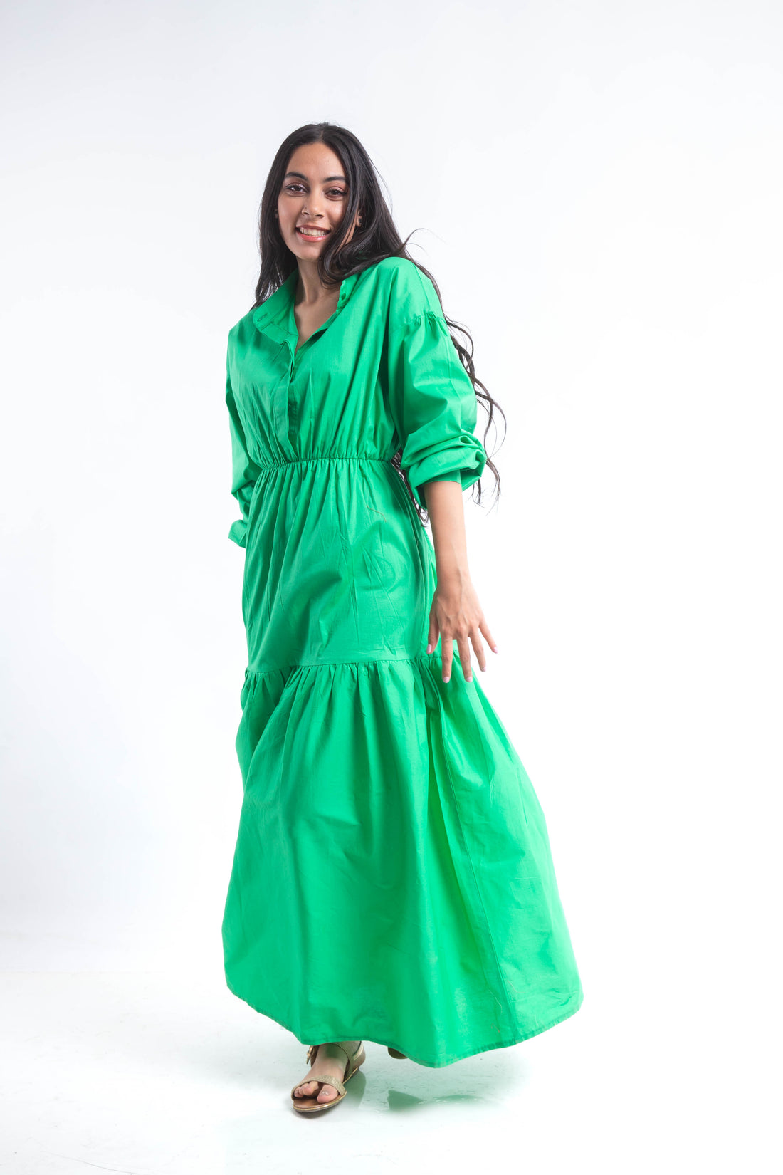 Tiered Poplin Maxi Dress - Green