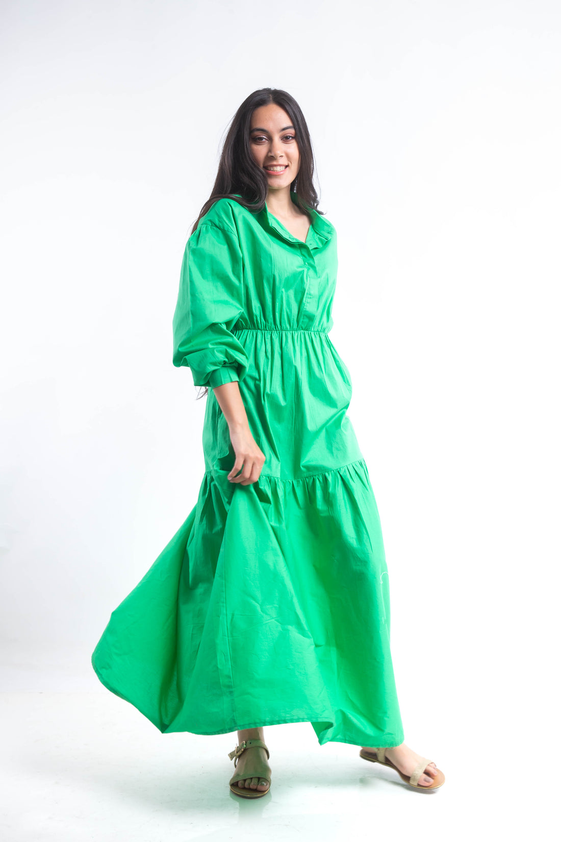 Tiered Poplin Maxi Dress - Green