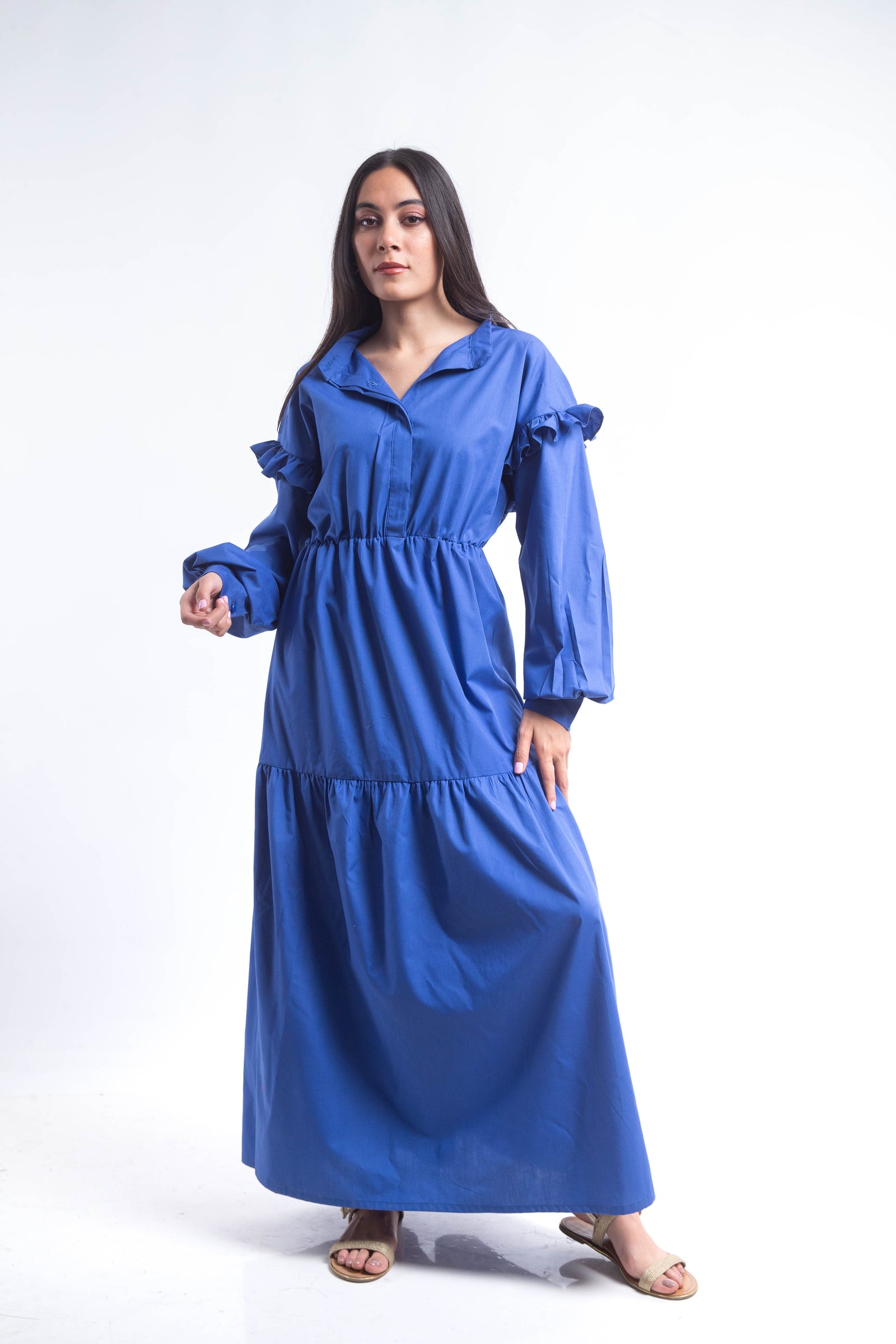 Tiered Poplin Maxi Dress - Blue