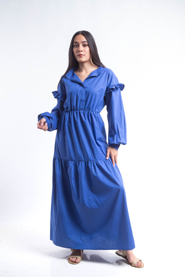 Tiered Poplin Maxi Dress - Blue