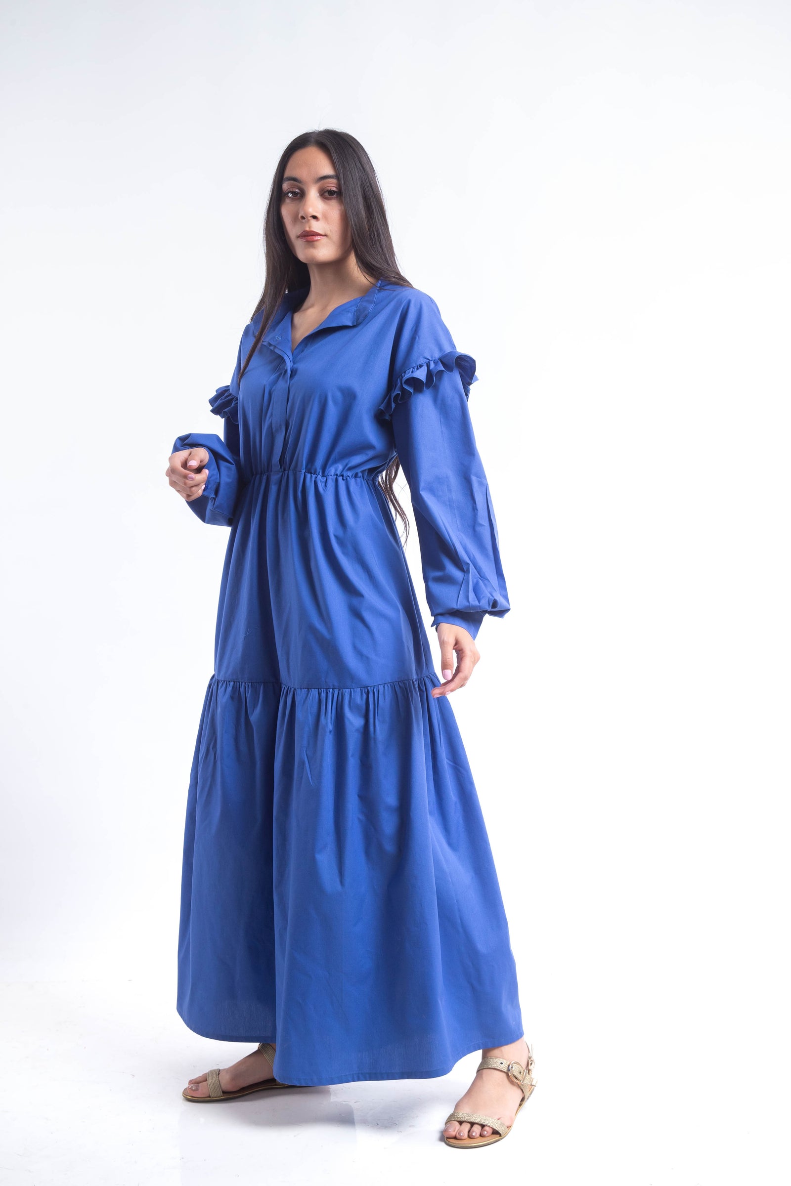 Tiered Poplin Maxi Dress - Blue
