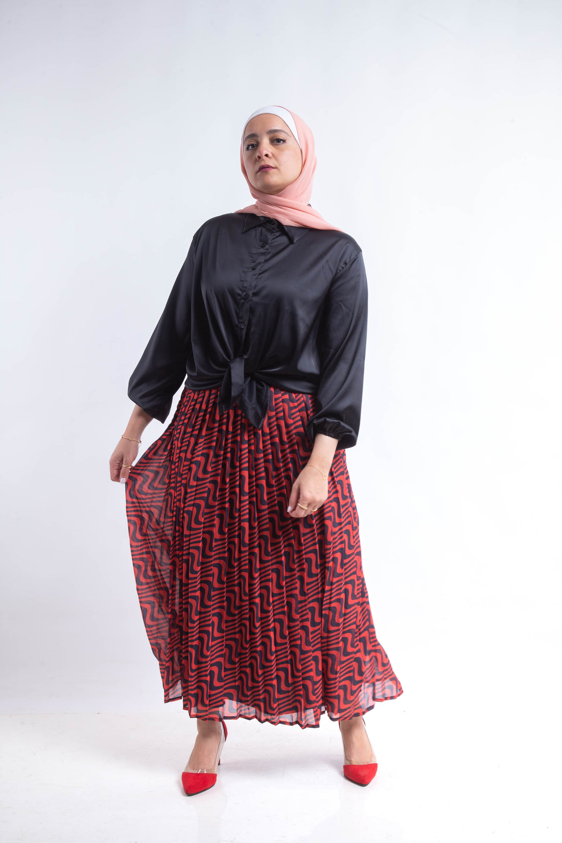 The swirl chiffon pleated Skirt - Red