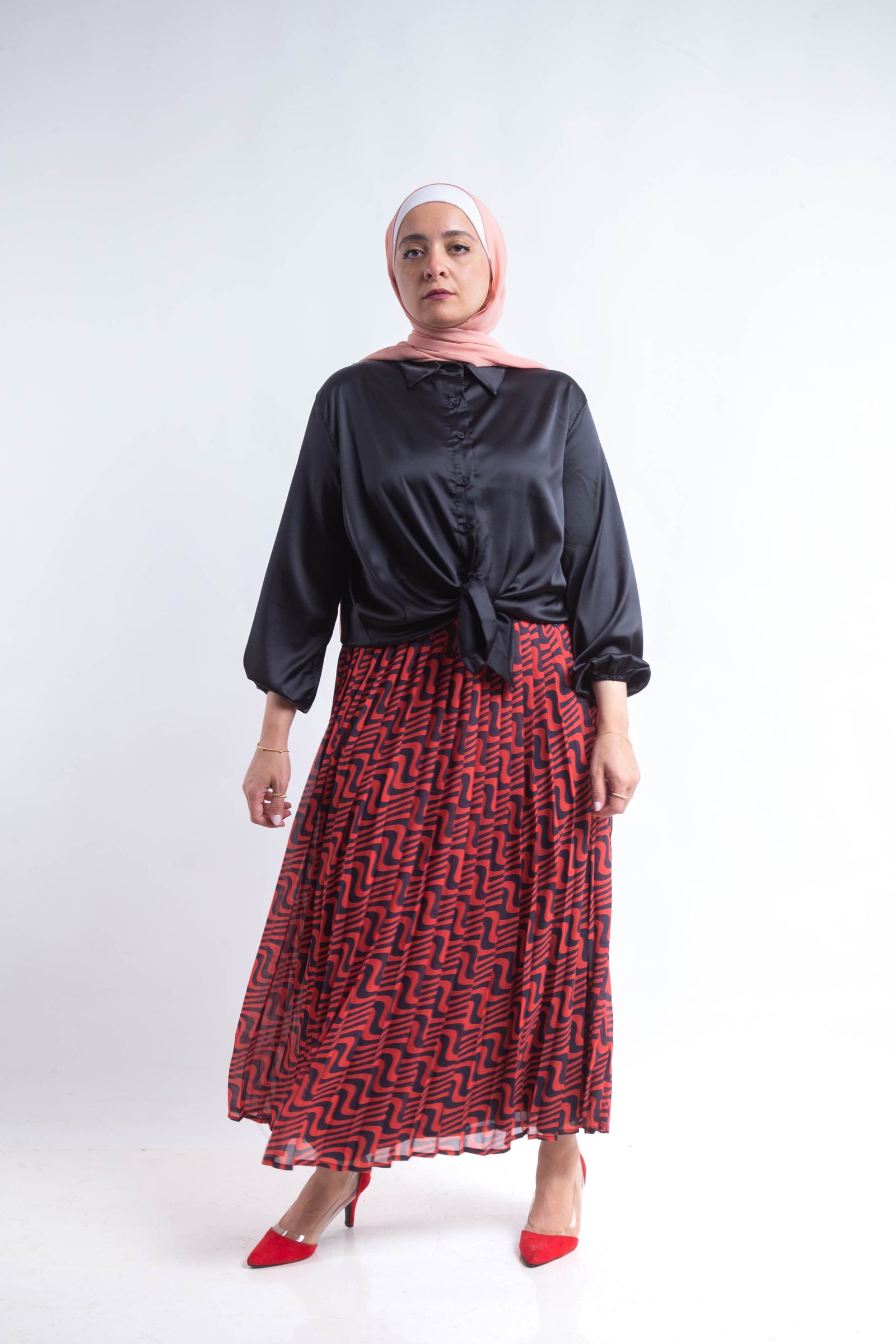 The swirl chiffon pleated Skirt - Red