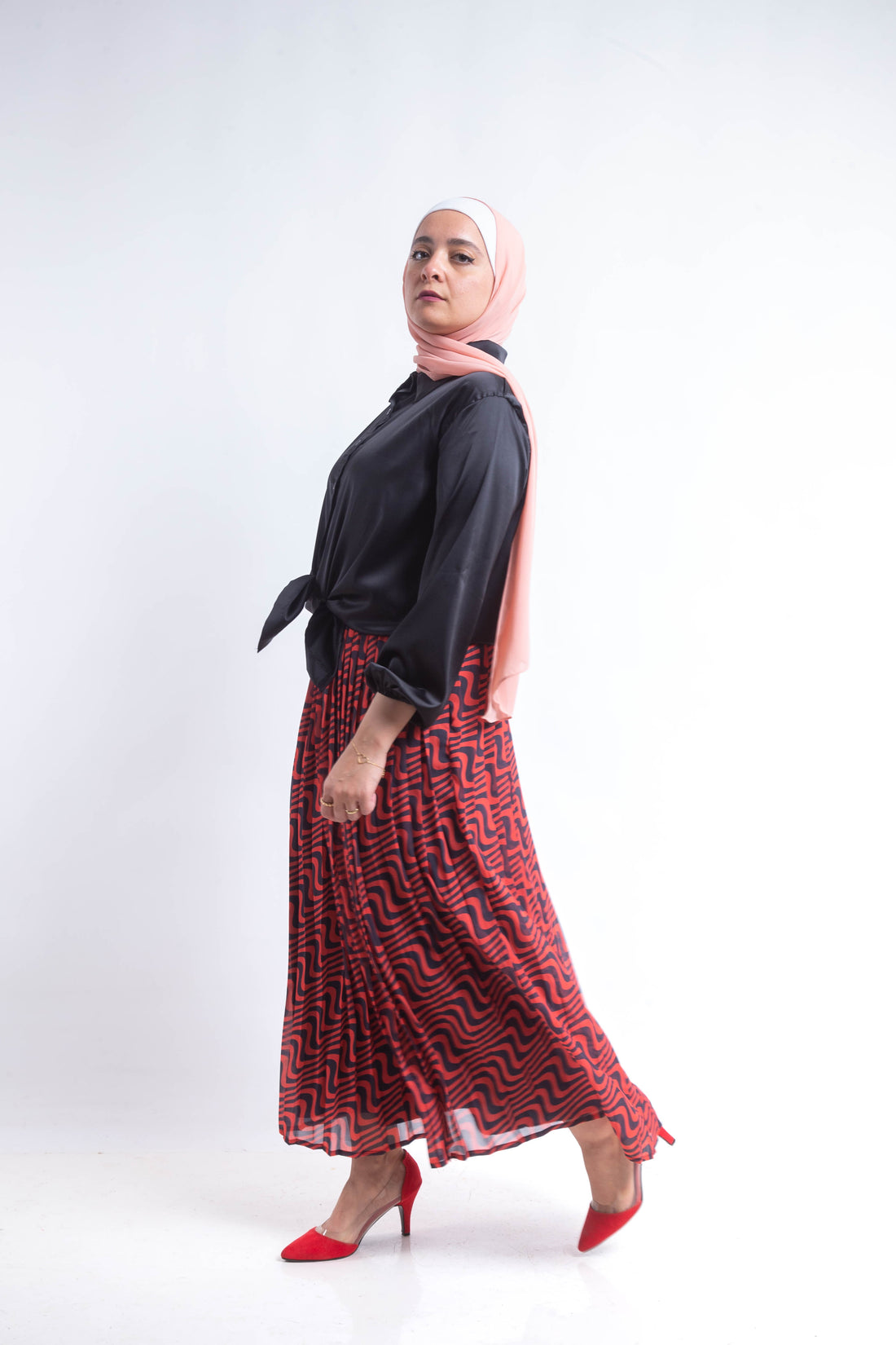 The swirl chiffon pleated Skirt - Red