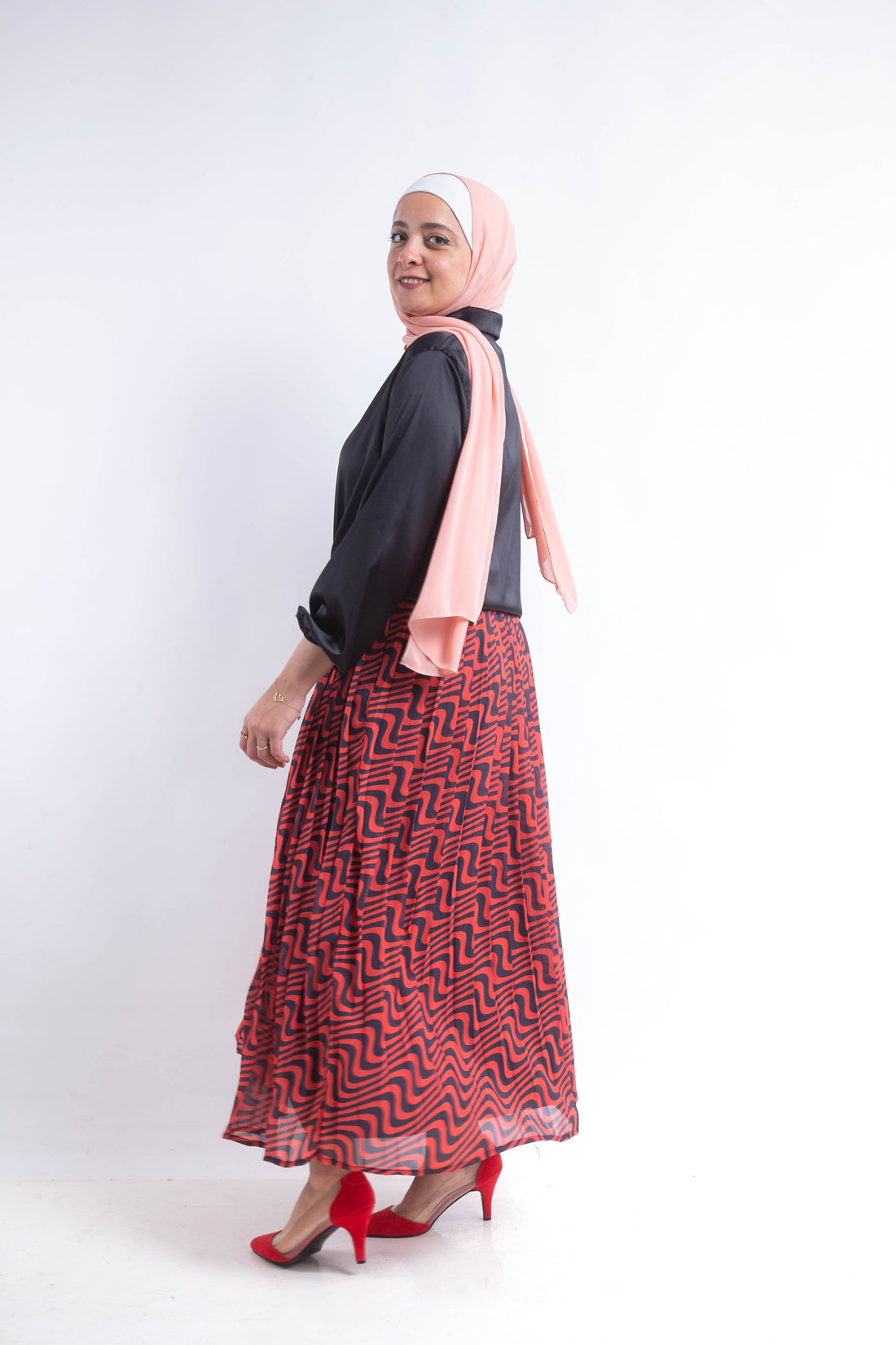 The swirl chiffon pleated Skirt - Red