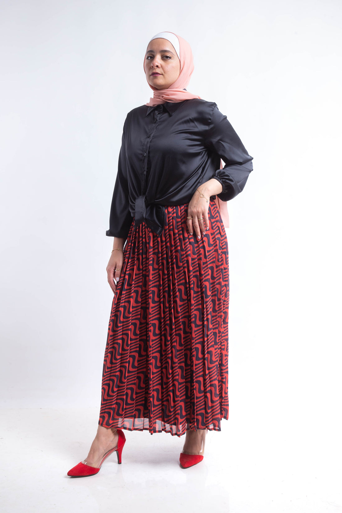 The swirl chiffon pleated Skirt - Red