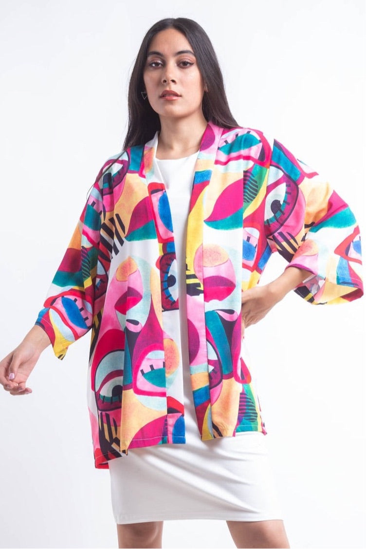 The Eyes Crepe Kimono - White