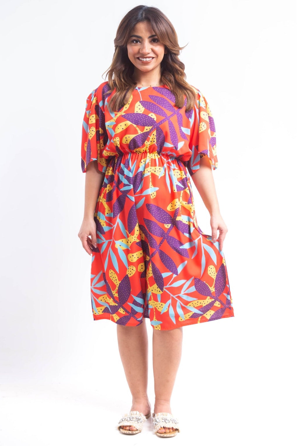 The leaves Dress with Elastic belt- Orange