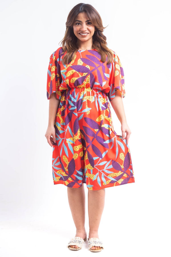 The leaves Dress with Elastic belt- Orange