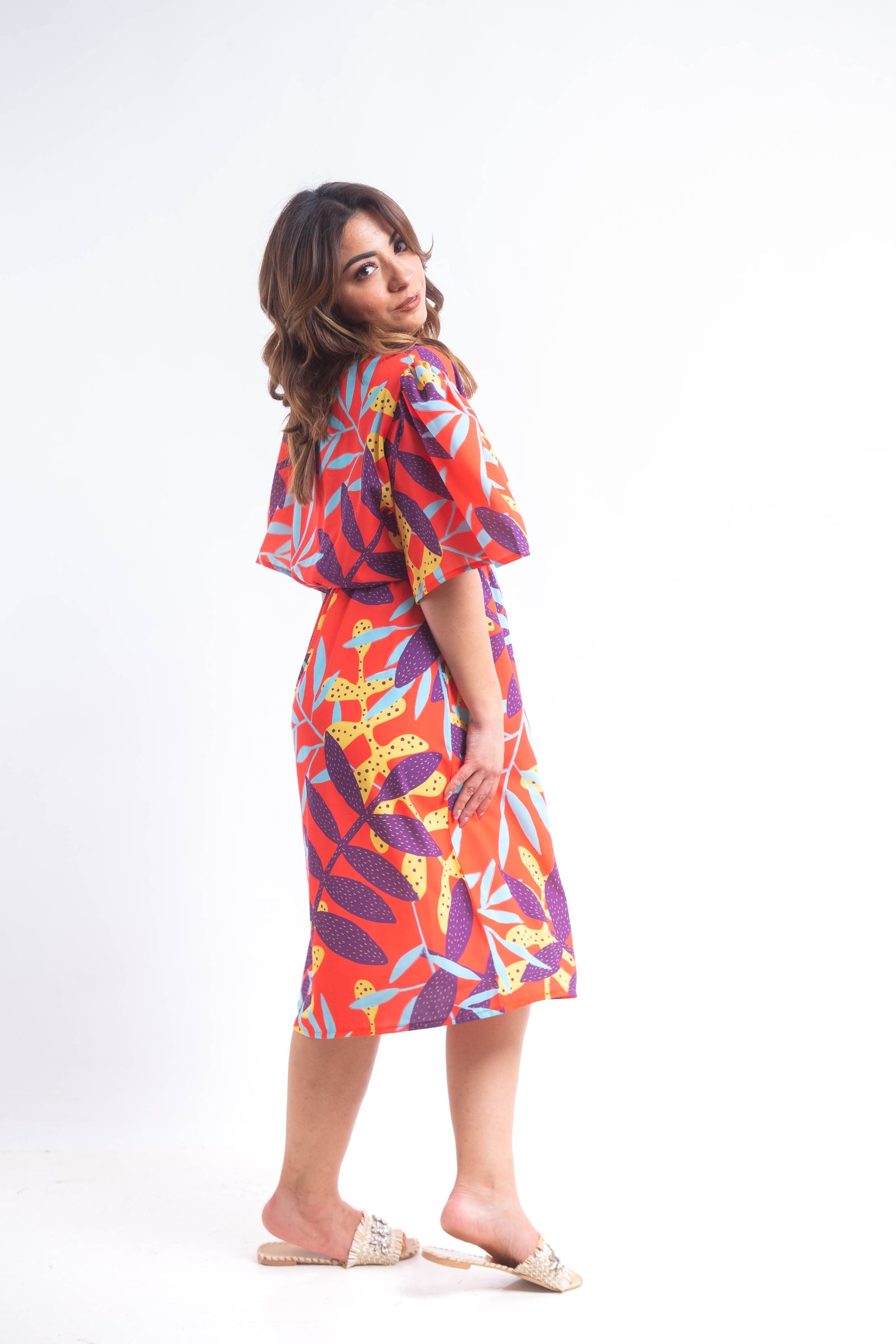 The leaves Dress with Elastic belt- Orange